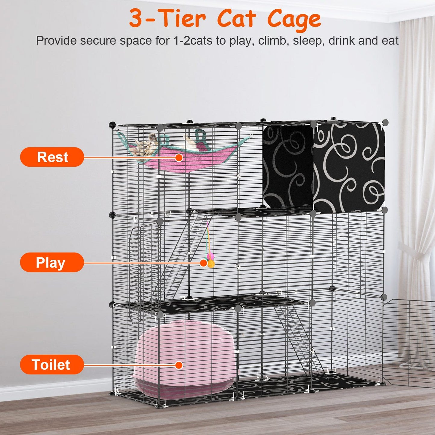 3-Tier Cat Cage Enclosure with Hammock and Ladder