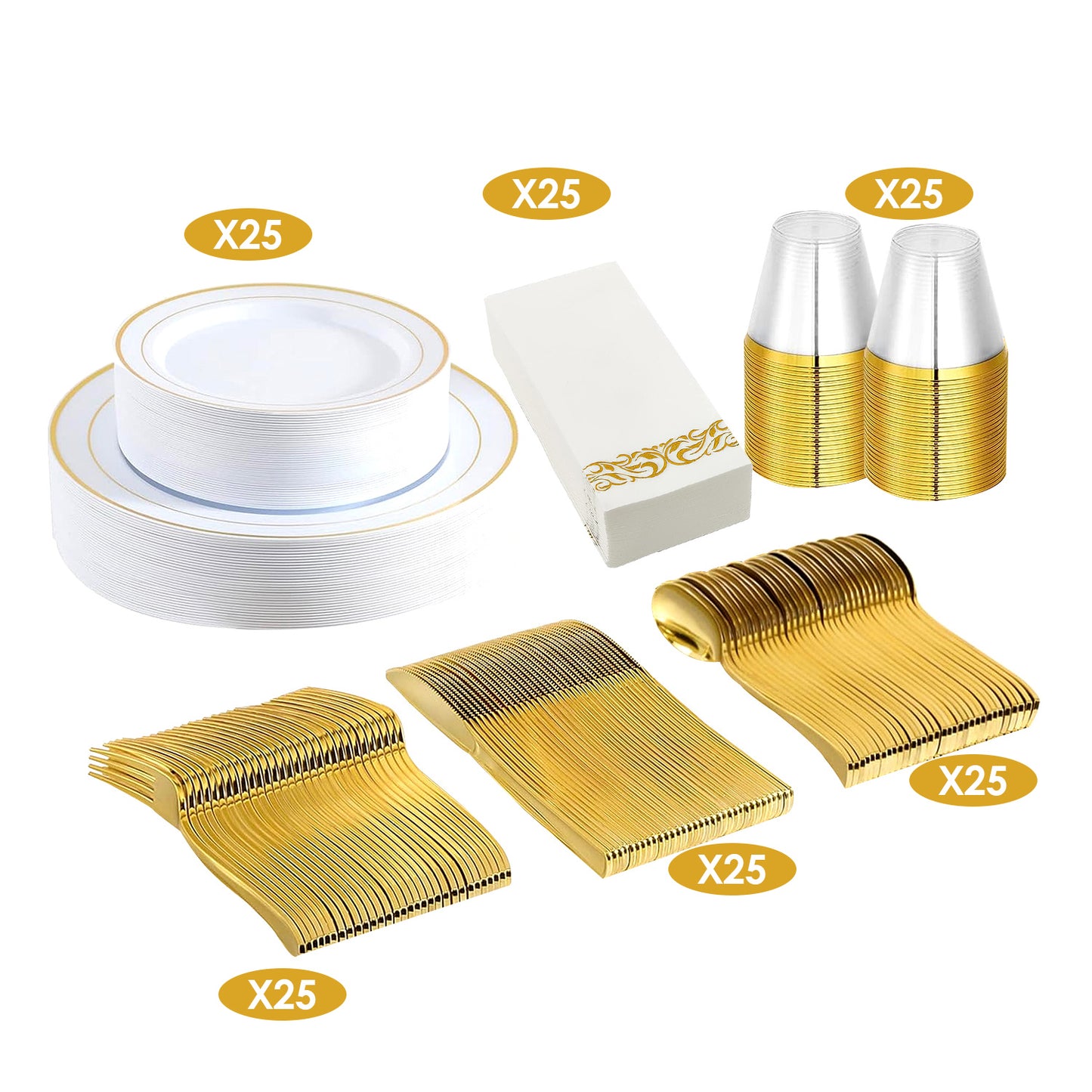 Disposable Gold Rim Dinnerware Set - 175 Pieces for 25 Guests