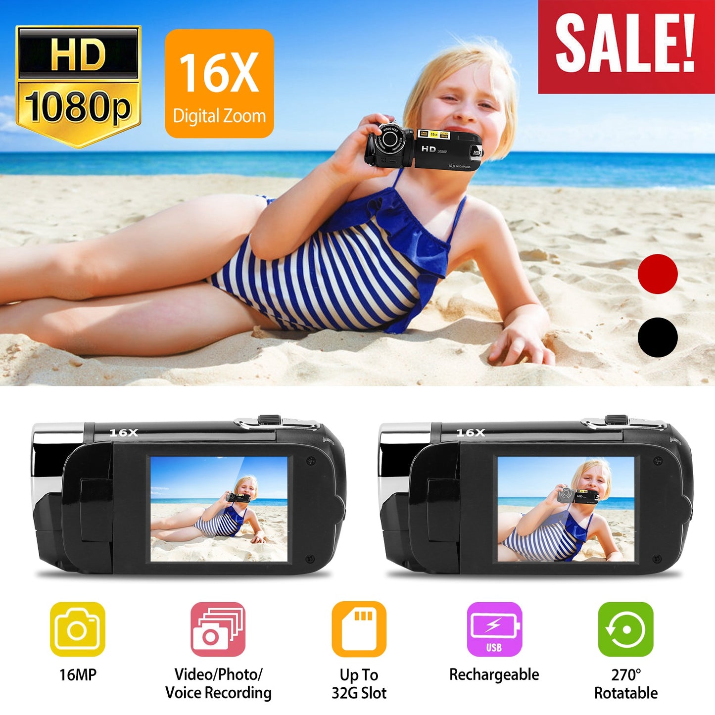 Digital Video Camcorder 1080P HD with 16X Zoom & Fill Light