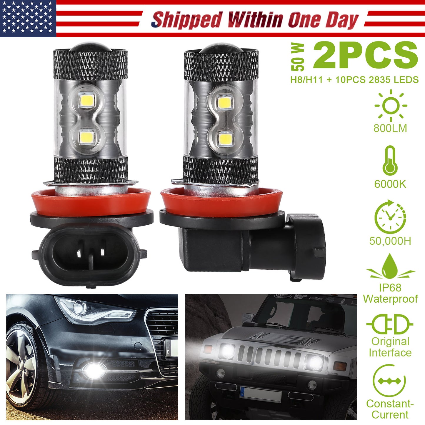 H8/H9/H11 LED Fog Light Bulbs 800LM 6000K White (2-Pack)