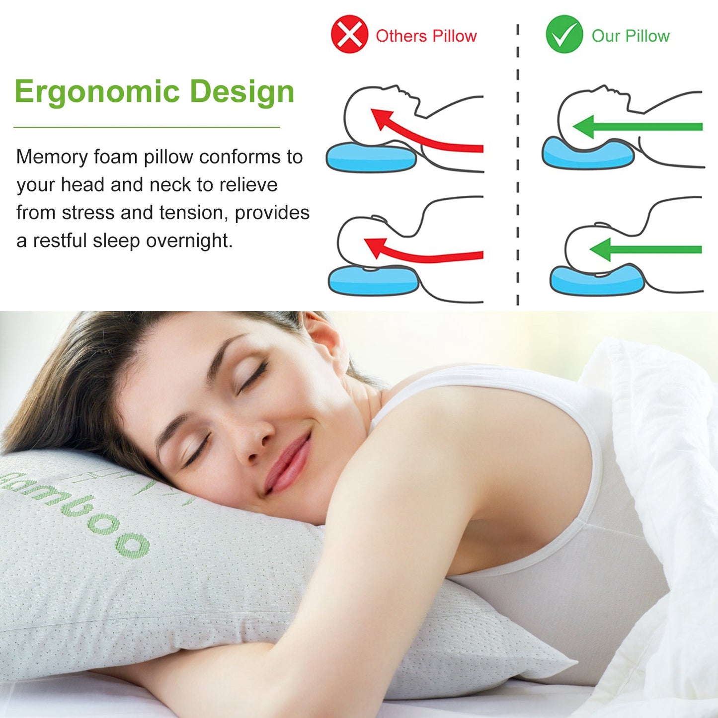 Memory Foam Pillow Set with Bamboo Cover - Queen Size (2-Pack)
