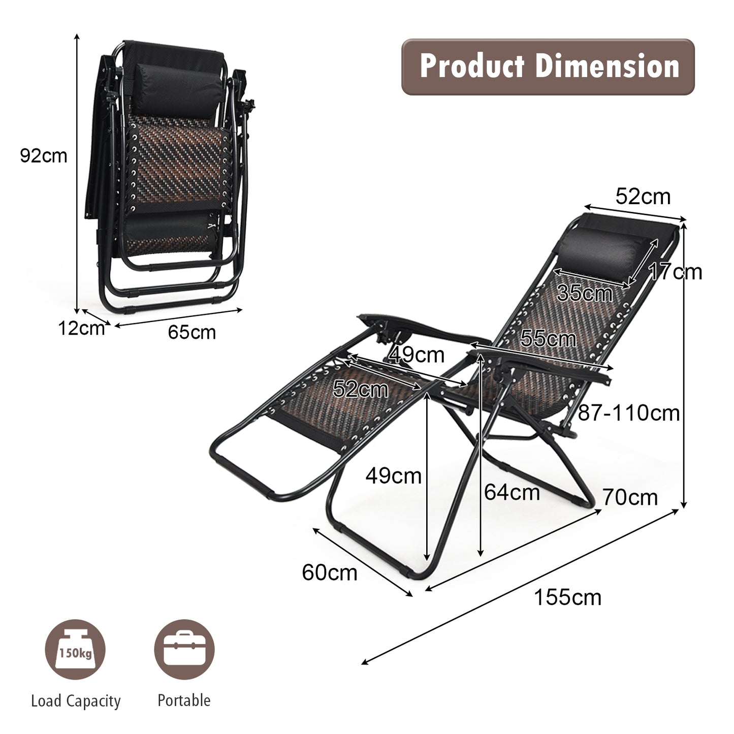Folding Zero Gravity Lounge Chair Set - 2 Piece Rattan