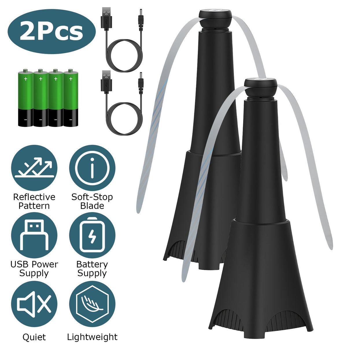2 Pack Portable Reflective Fly Repellent Fan Rechargeable Battery Powered Table Food Fly Trap with Pattern Soft-Stop Blade Hanging Hook Indoor Outdoor