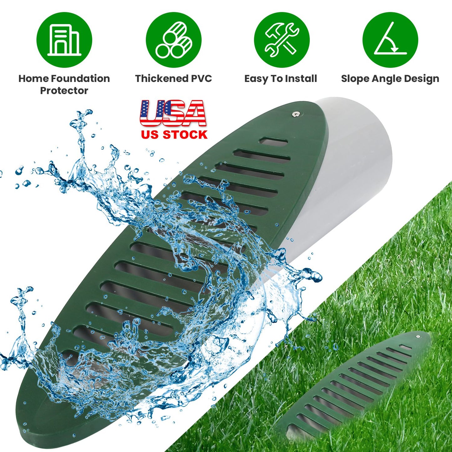 4-Inch Angled Yard Drainage Pipe with Sloped Grate - Green