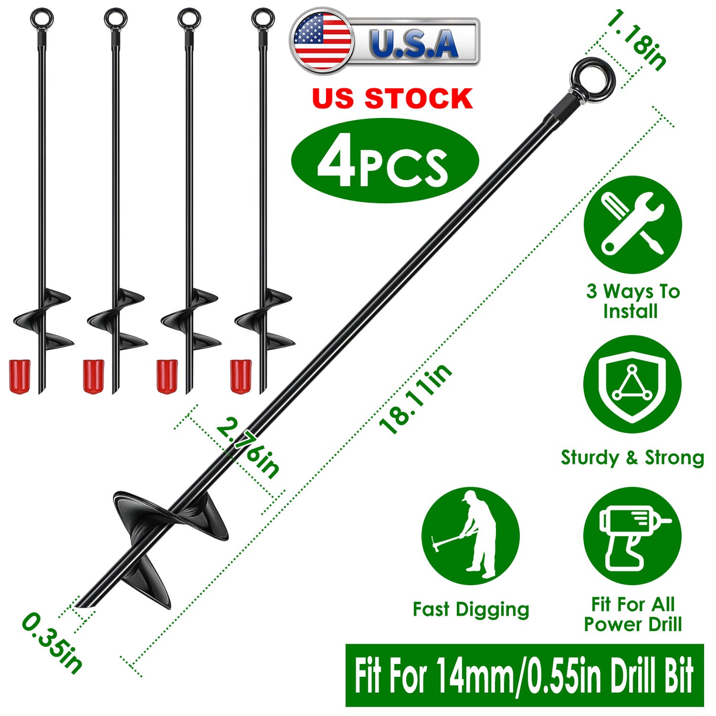 Ground Auger Stakes 4-Pack Heavy Duty 18" Steel Drill Bits