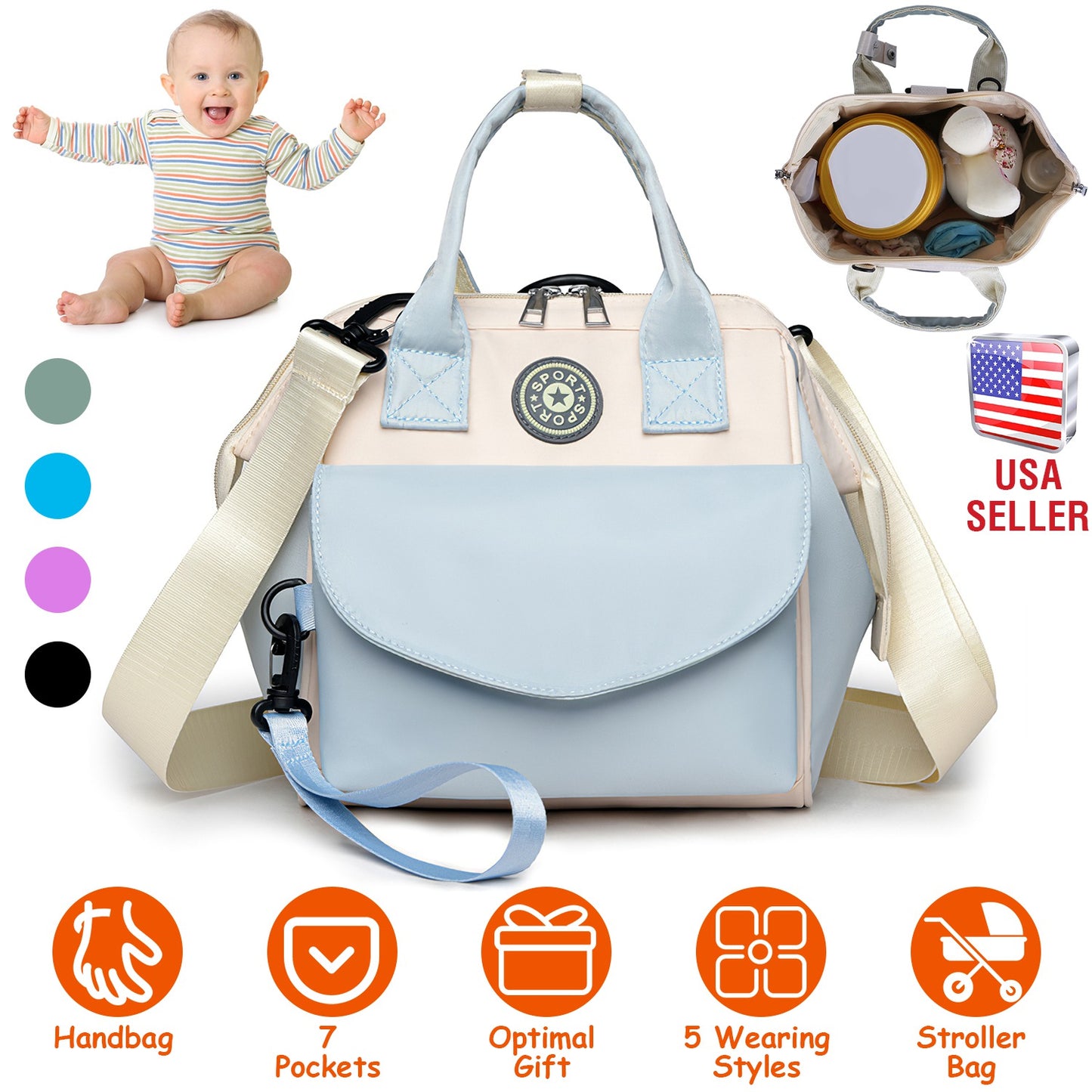 Diaper Bag with 6 Pockets and Detachable Small Bag