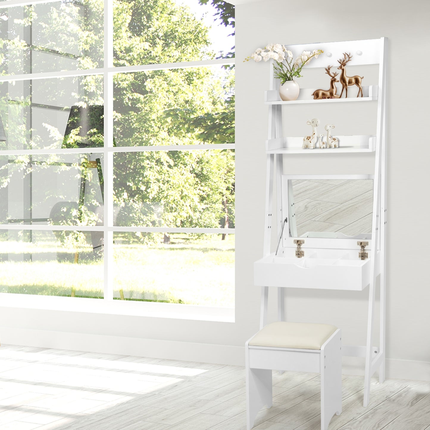 3-in-1 Vanity Set with Flip Top Mirror and Cushioned Stool