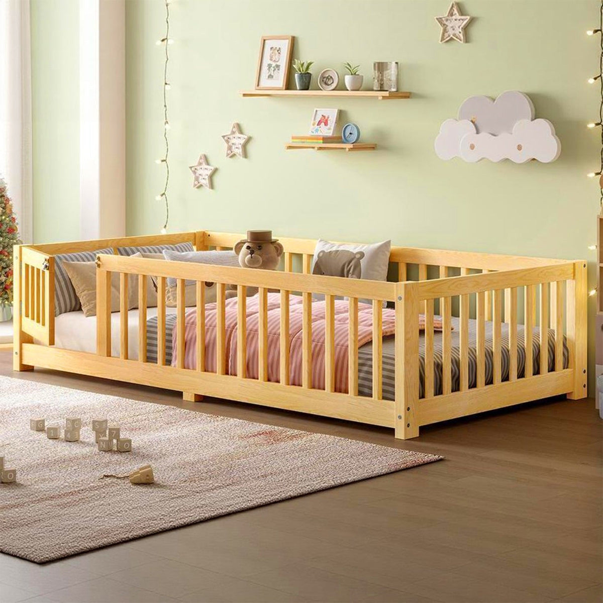 Montessori Floor Bed with Safety Guardrails - Pine Wood