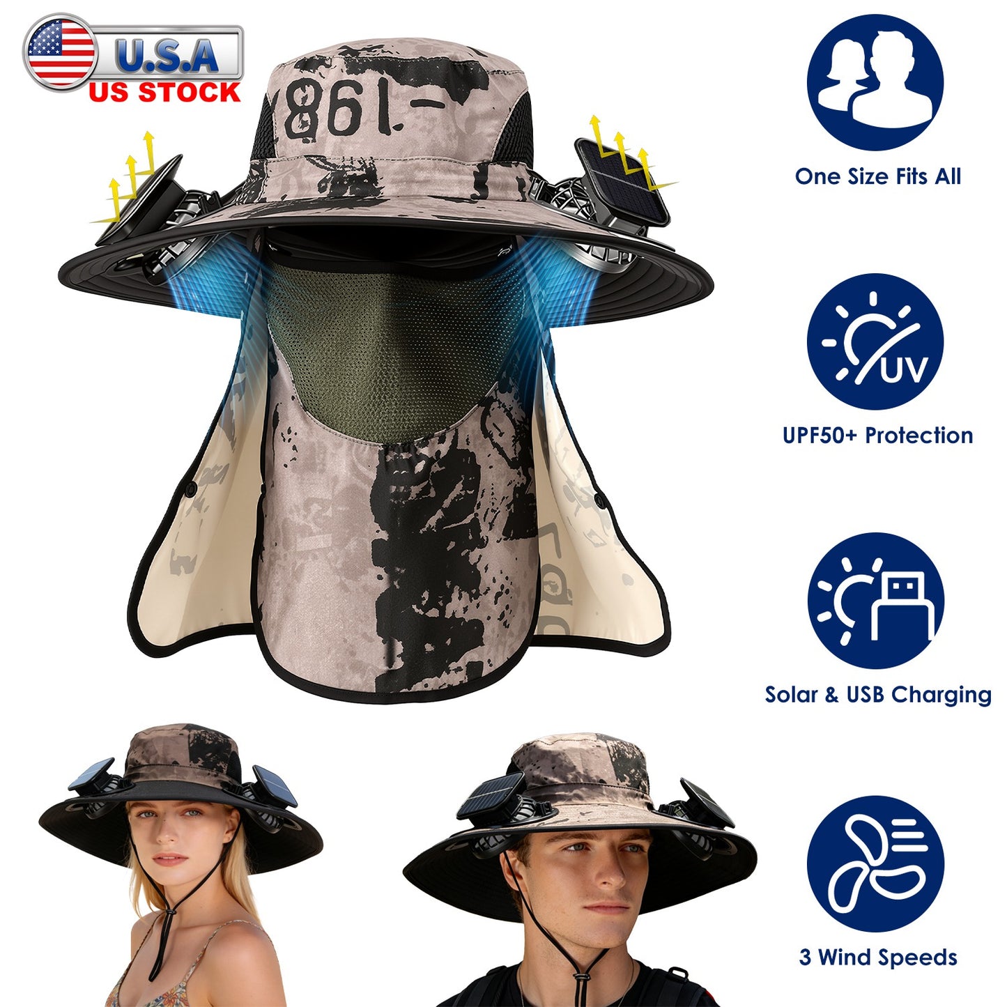 Solar Fan Hat with UPF50+ Sun Protection and Neck Flap