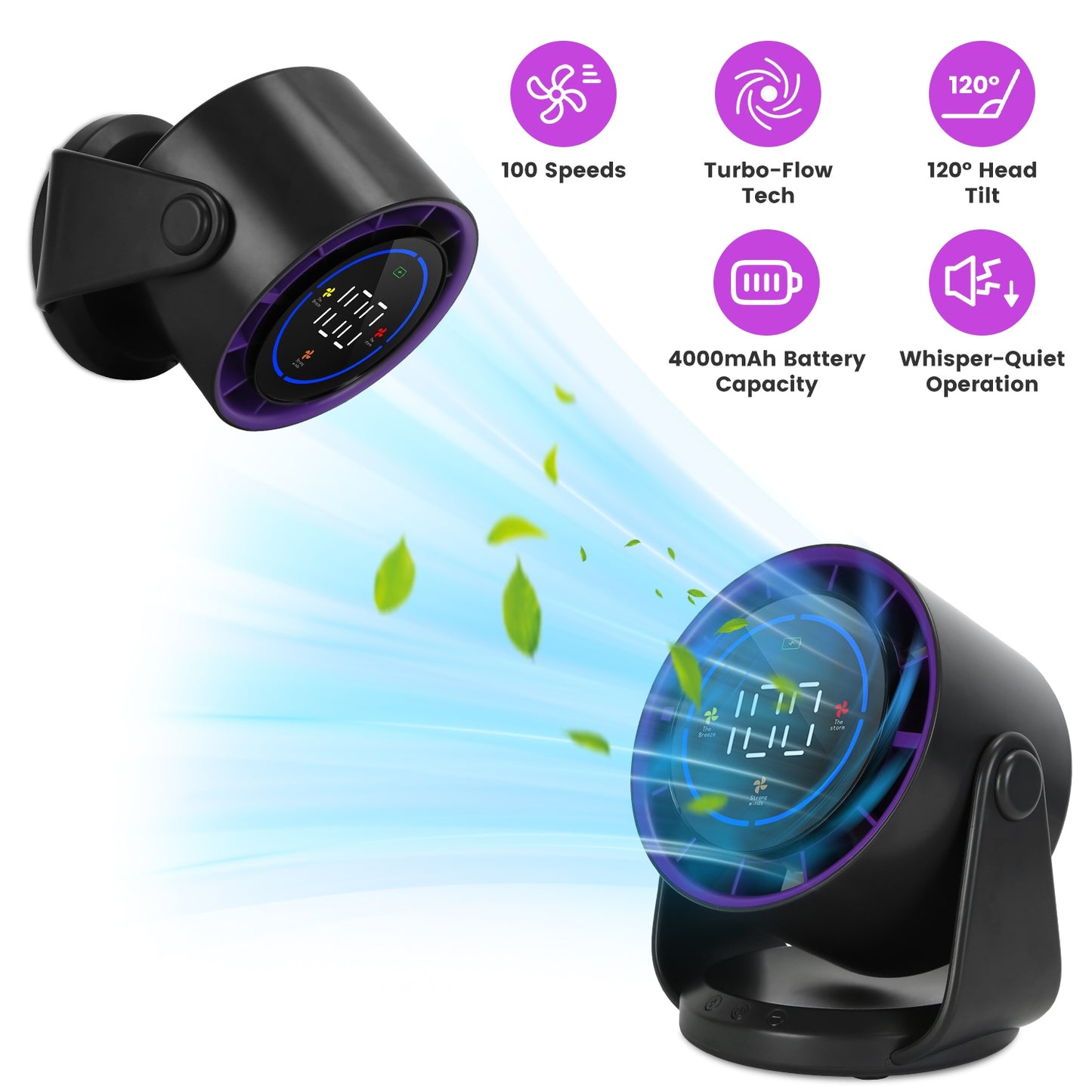 Rechargeable Desk Fan with 100 Speed Settings & Wall Mount