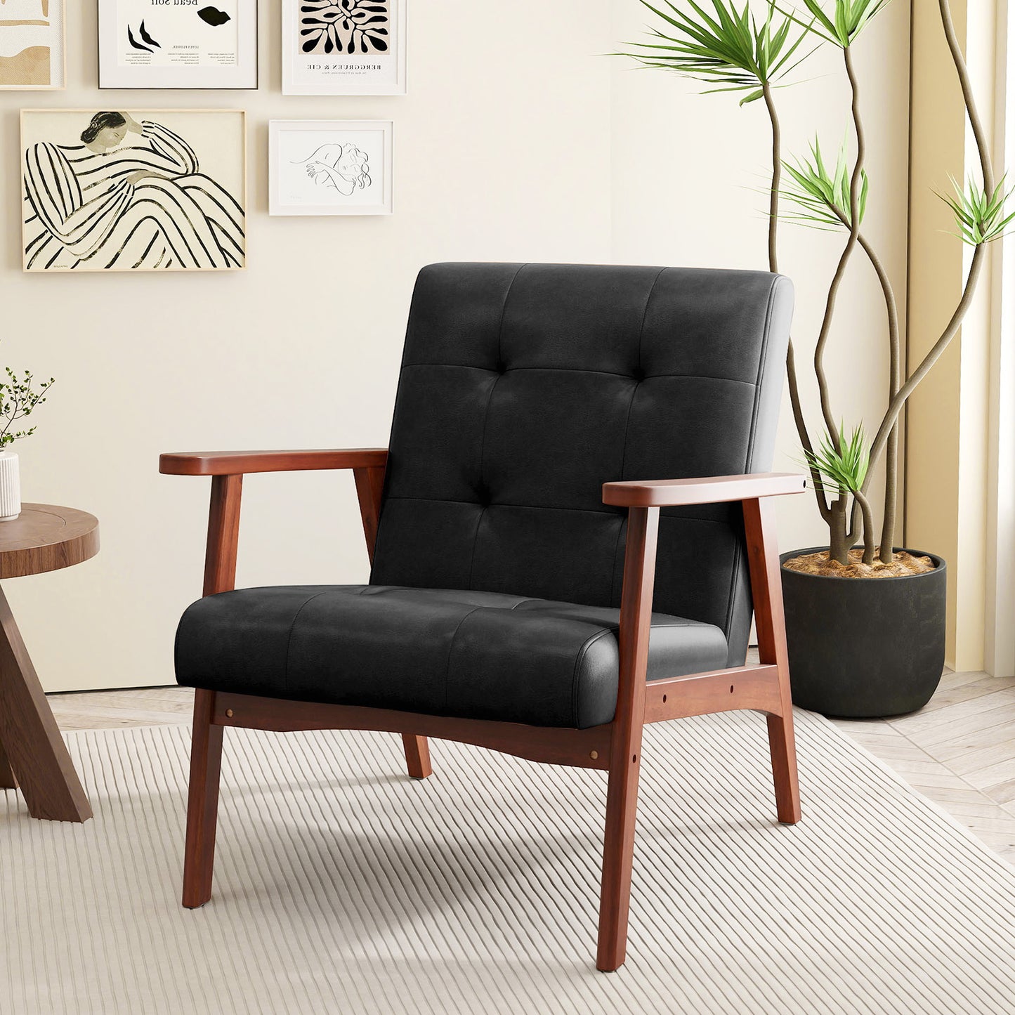 Mid Century Accent Chair with Tufted Leather Upholstery