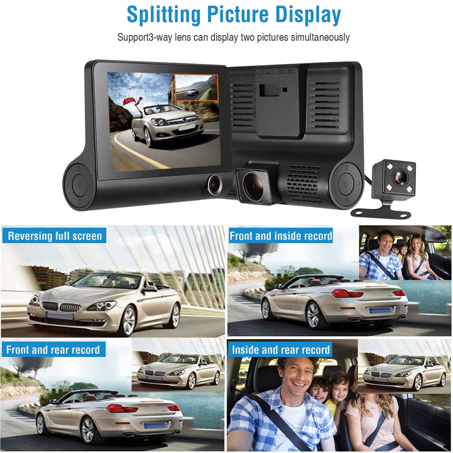 Dash Cam 3-Lens 1296P Front Rear Interior 4" Screen