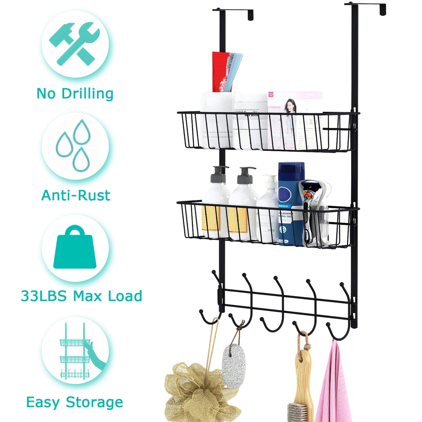 Over The Door Organizer with 5 Hooks and 2 Metal Baskets