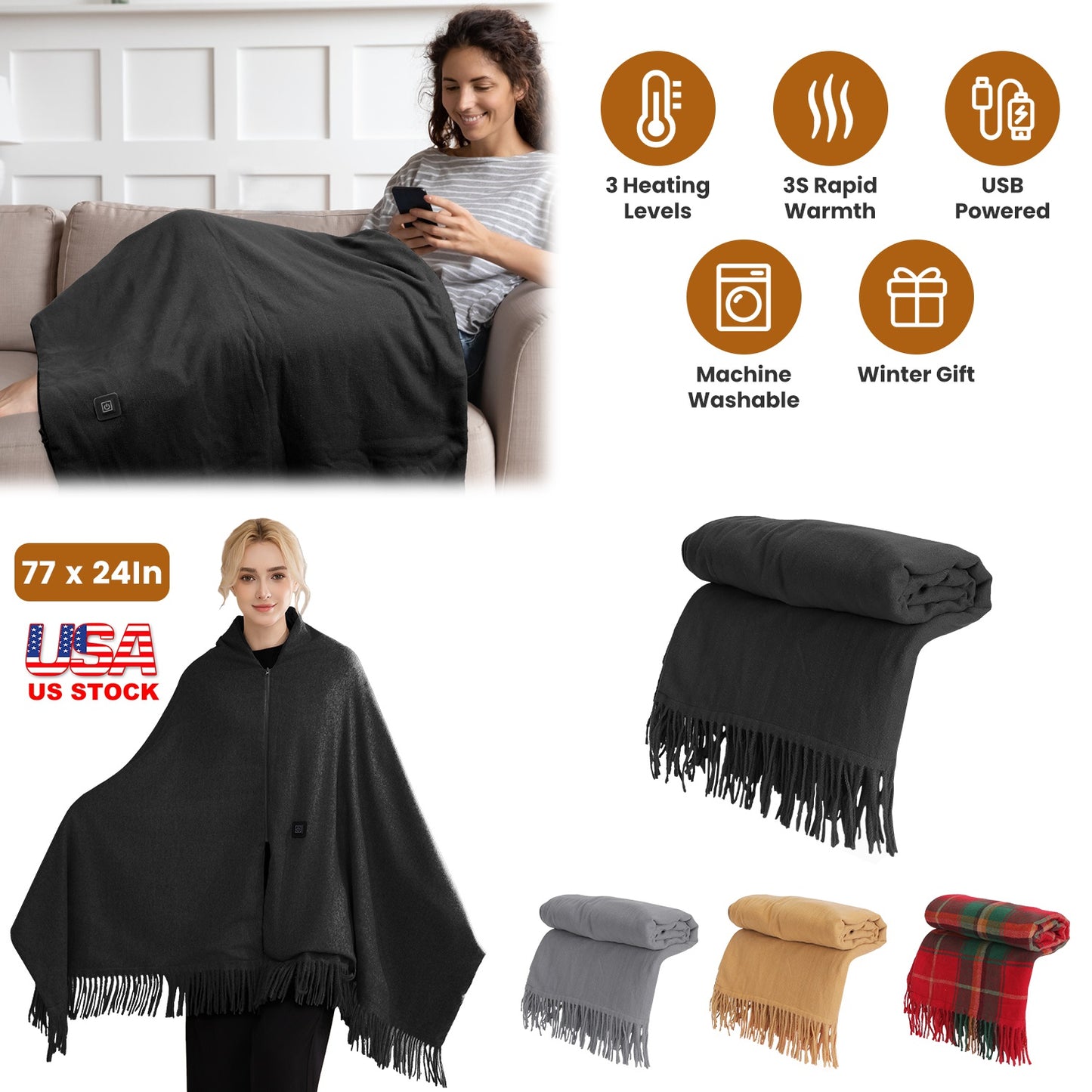 USB Heated Shawl with 3 Temperature Levels and Zipper