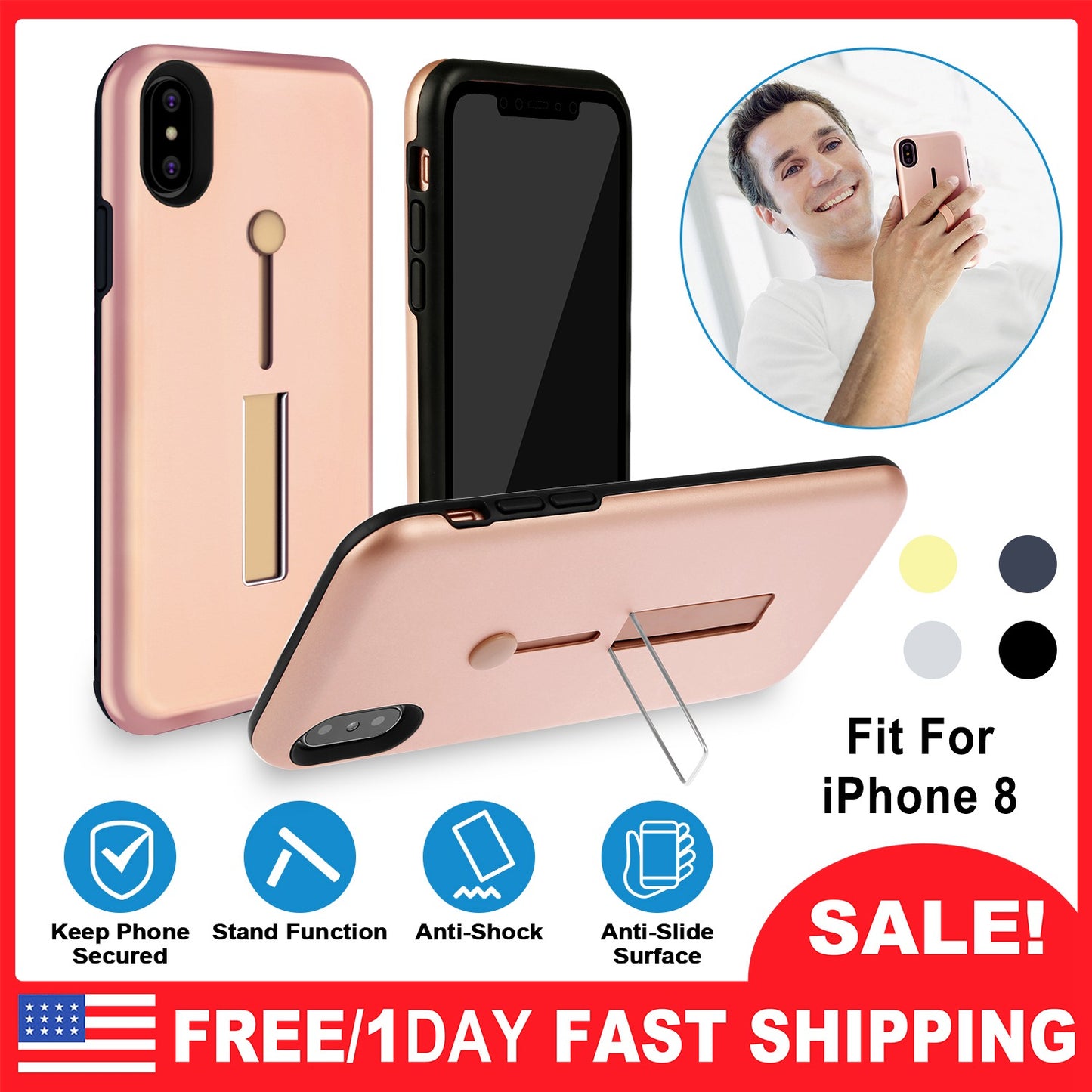 iPhone 8 Case with Finger Strap and Kickstand