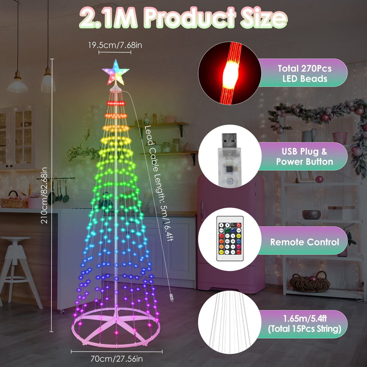 LED Christmas Cone Tree with App Control & 210 Light Modes