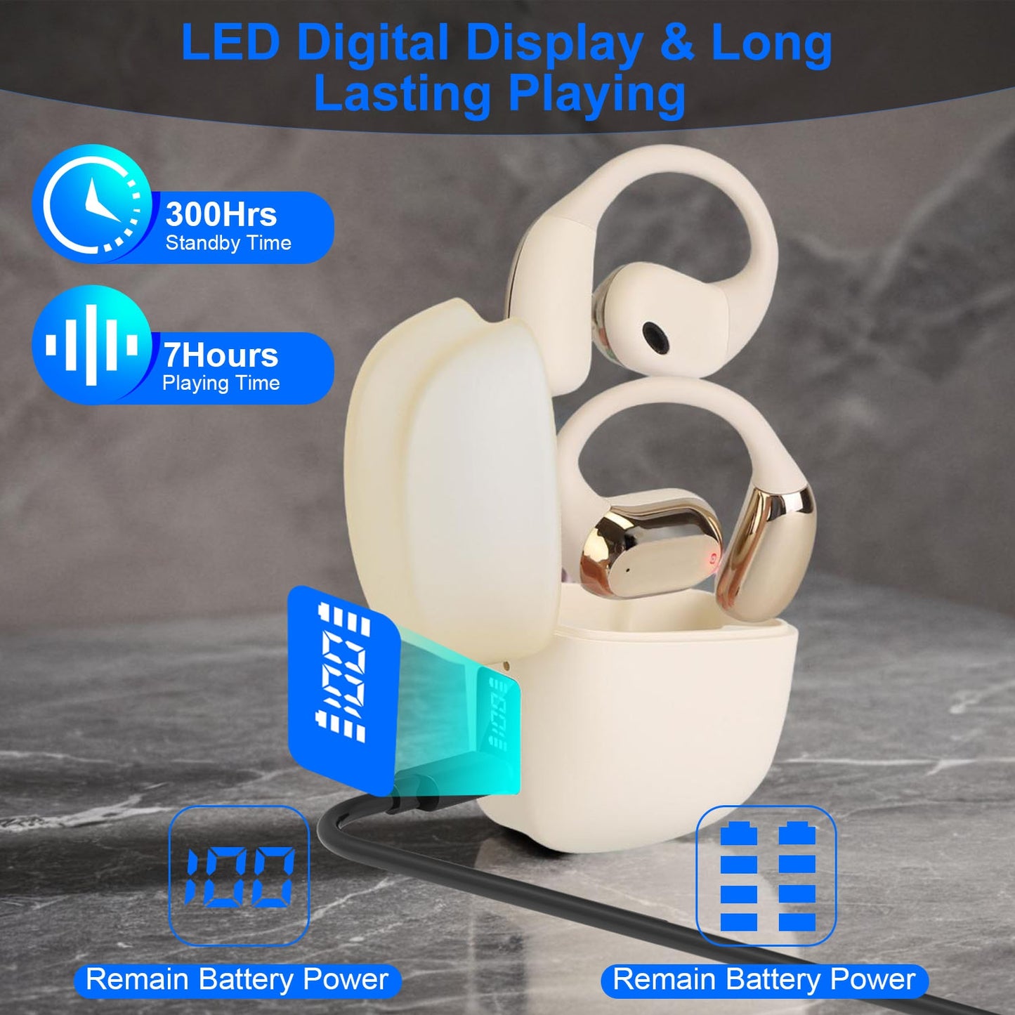 Open Ear Wireless Earbuds with LED Display & 300Hr Standby