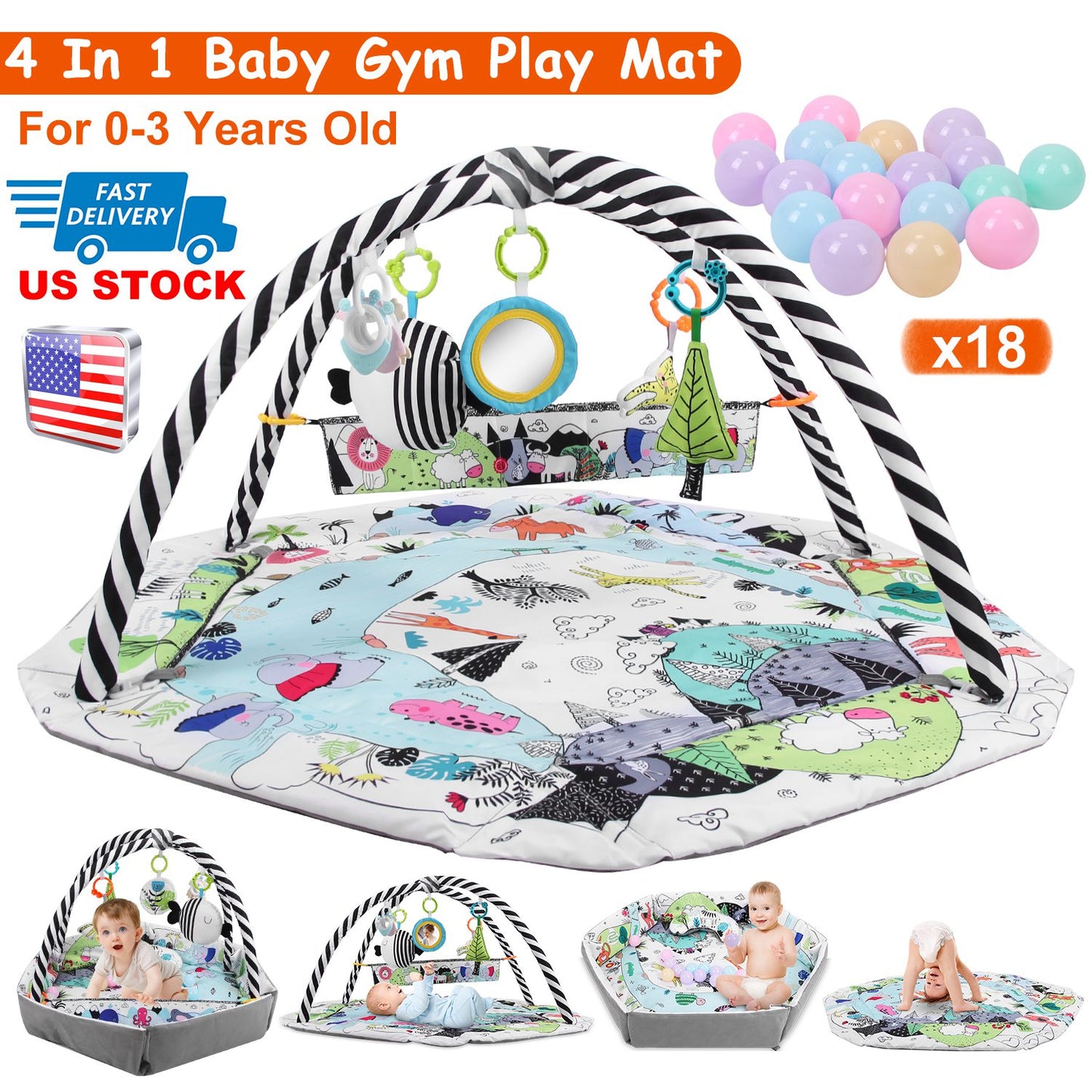 Baby Gym Play Mat 4-in-1 Activity Center with Ball Pit