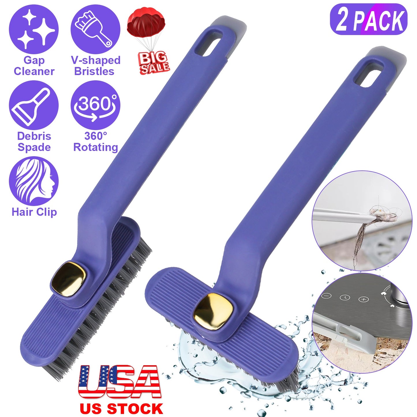 Rotating Crevice Cleaning Brush Set with Hair Clip Tool