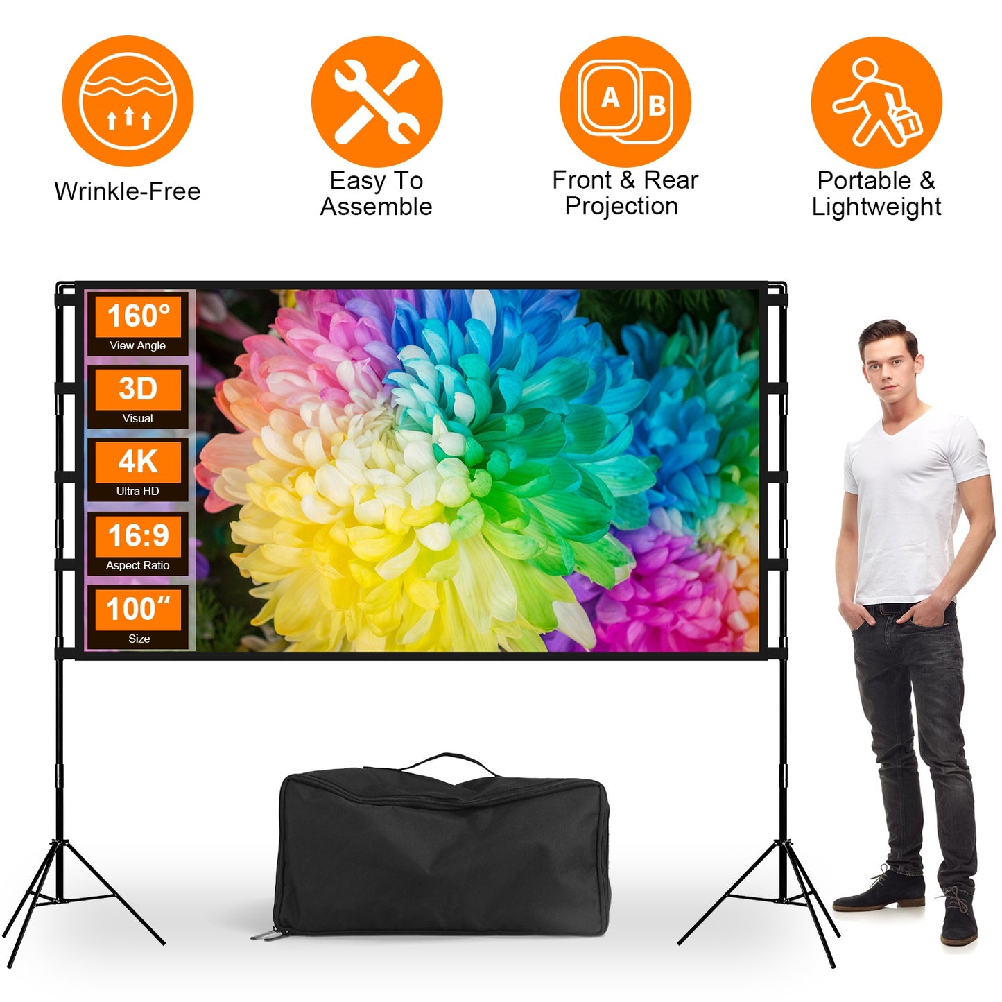 100" Projector Screen with Stand - 16:9 4K HD Portable