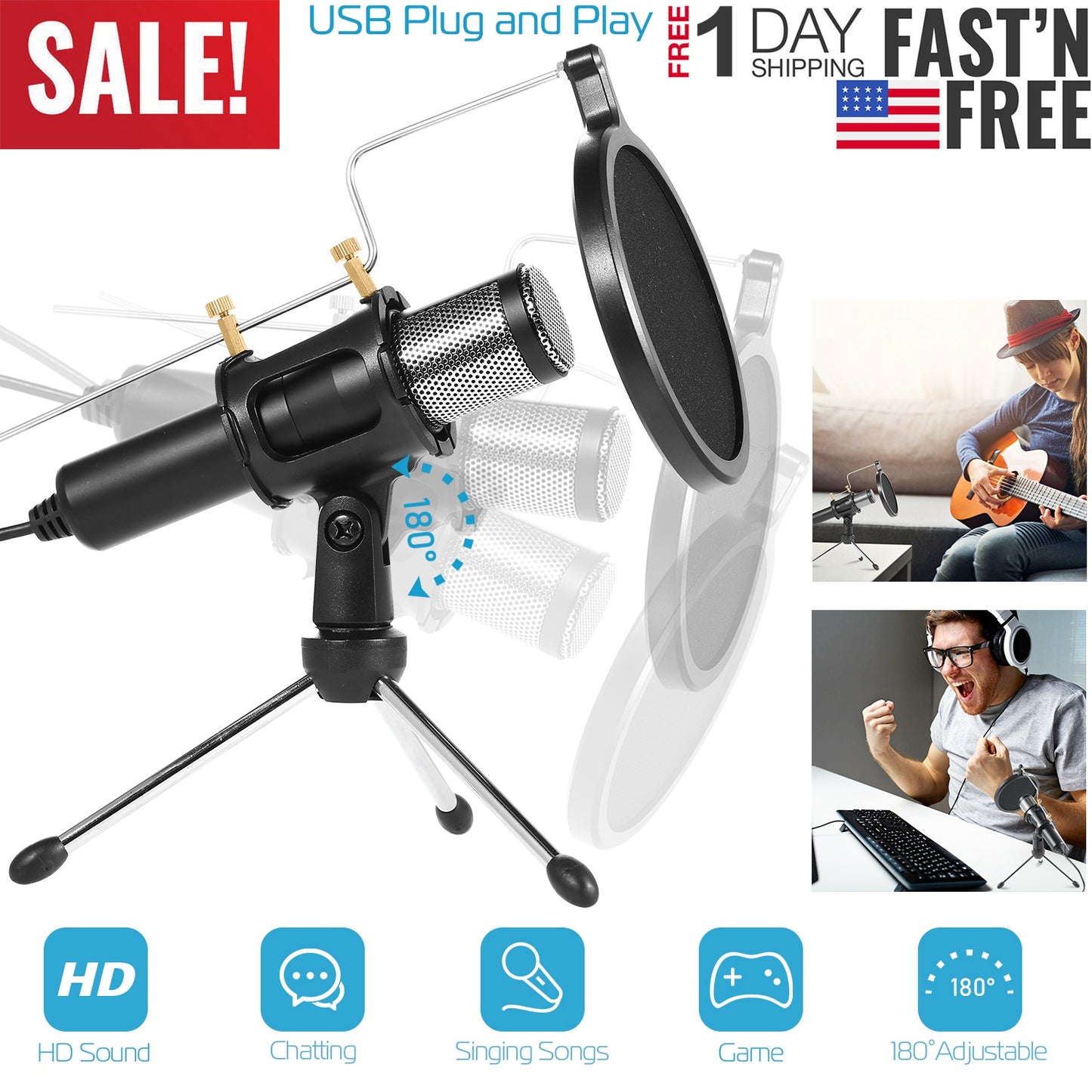 USB Condenser Microphone with Tripod Stand & Pop Filter