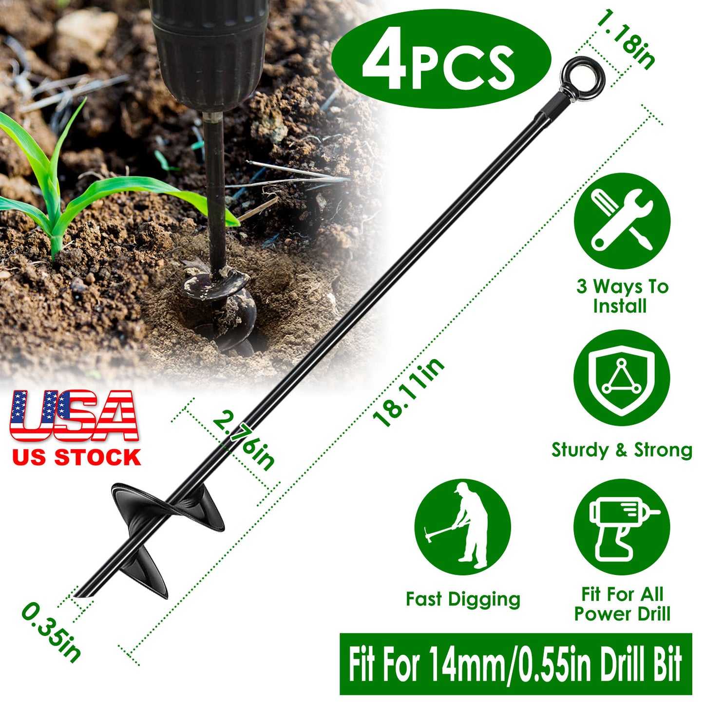 Ground Auger Stakes 4-Pack Heavy Duty 18" Steel Drill Bits