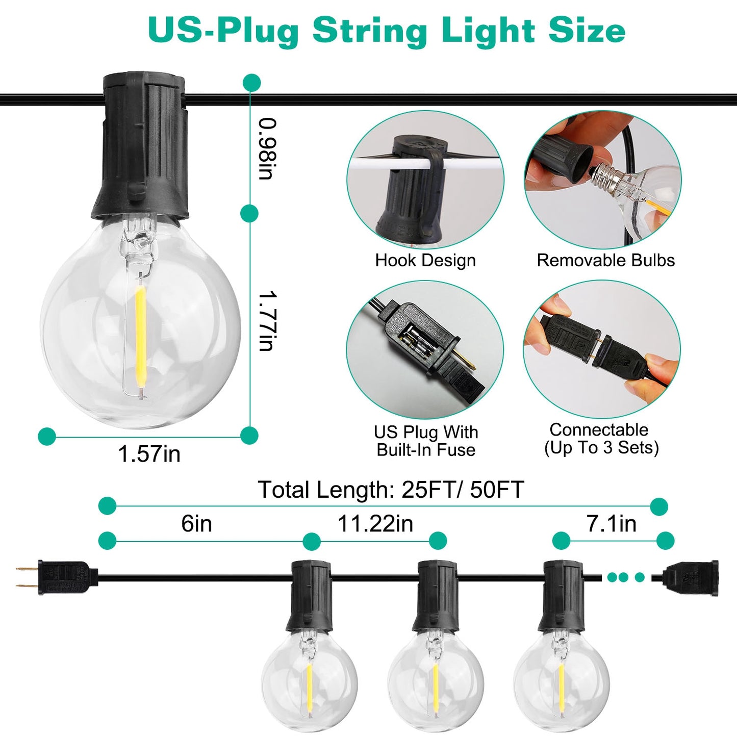 Globe String Lights 25FT Outdoor Indoor with 25 Warm Bulbs