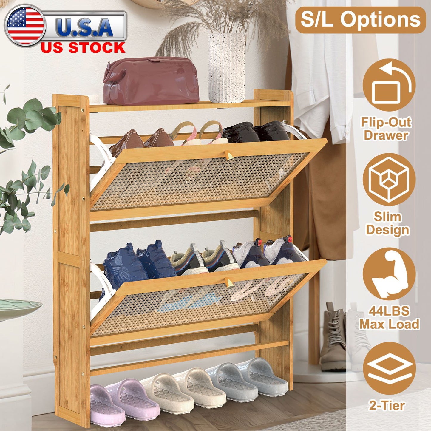2-Tier Bamboo Shoe Cabinet with Flip Drawers for Entryway