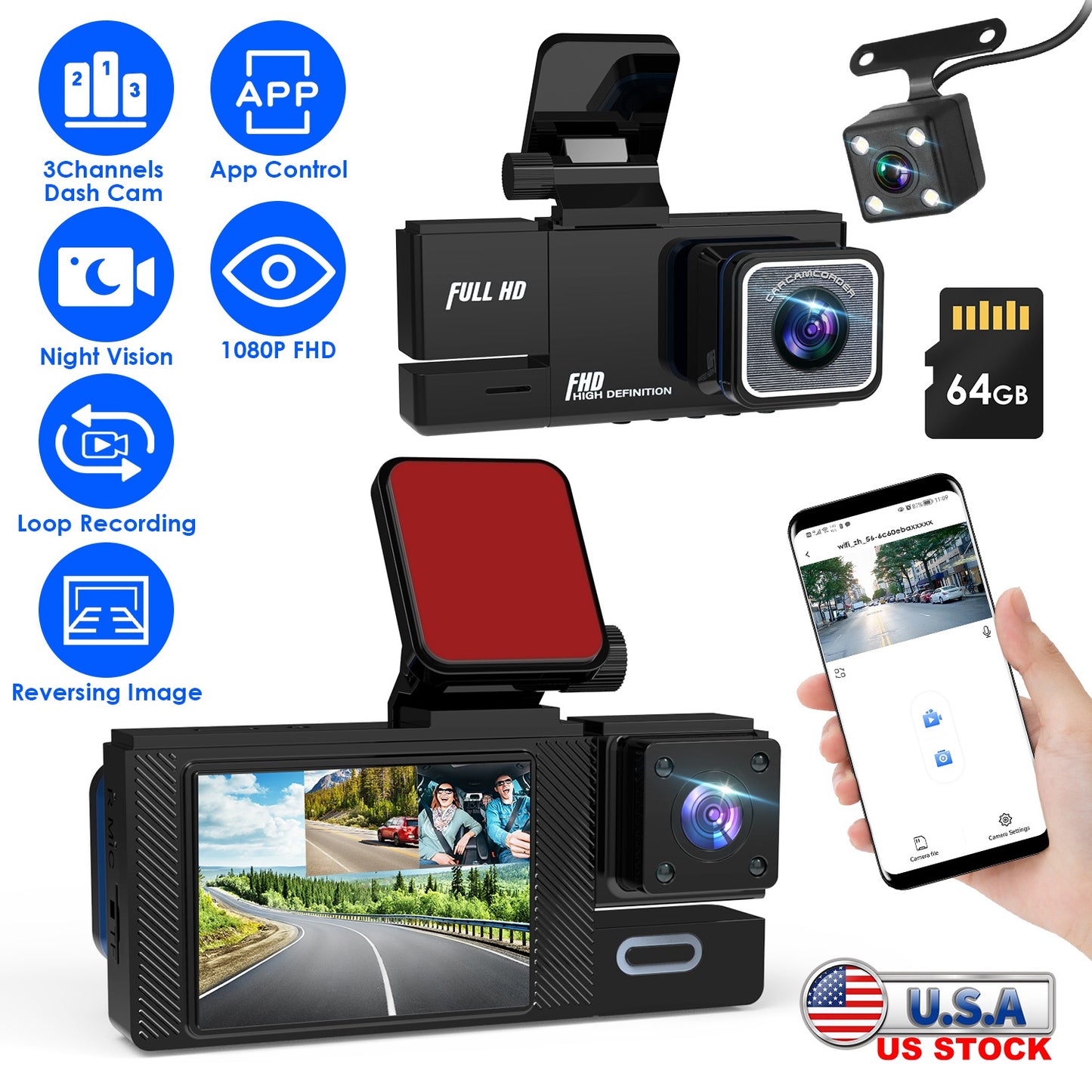 3-Channel Car Dash Cam with WiFi and Night Vision