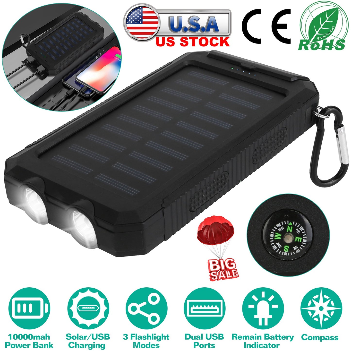 10000mAh Solar Power Bank with Dual USB Ports and LED Flashlight