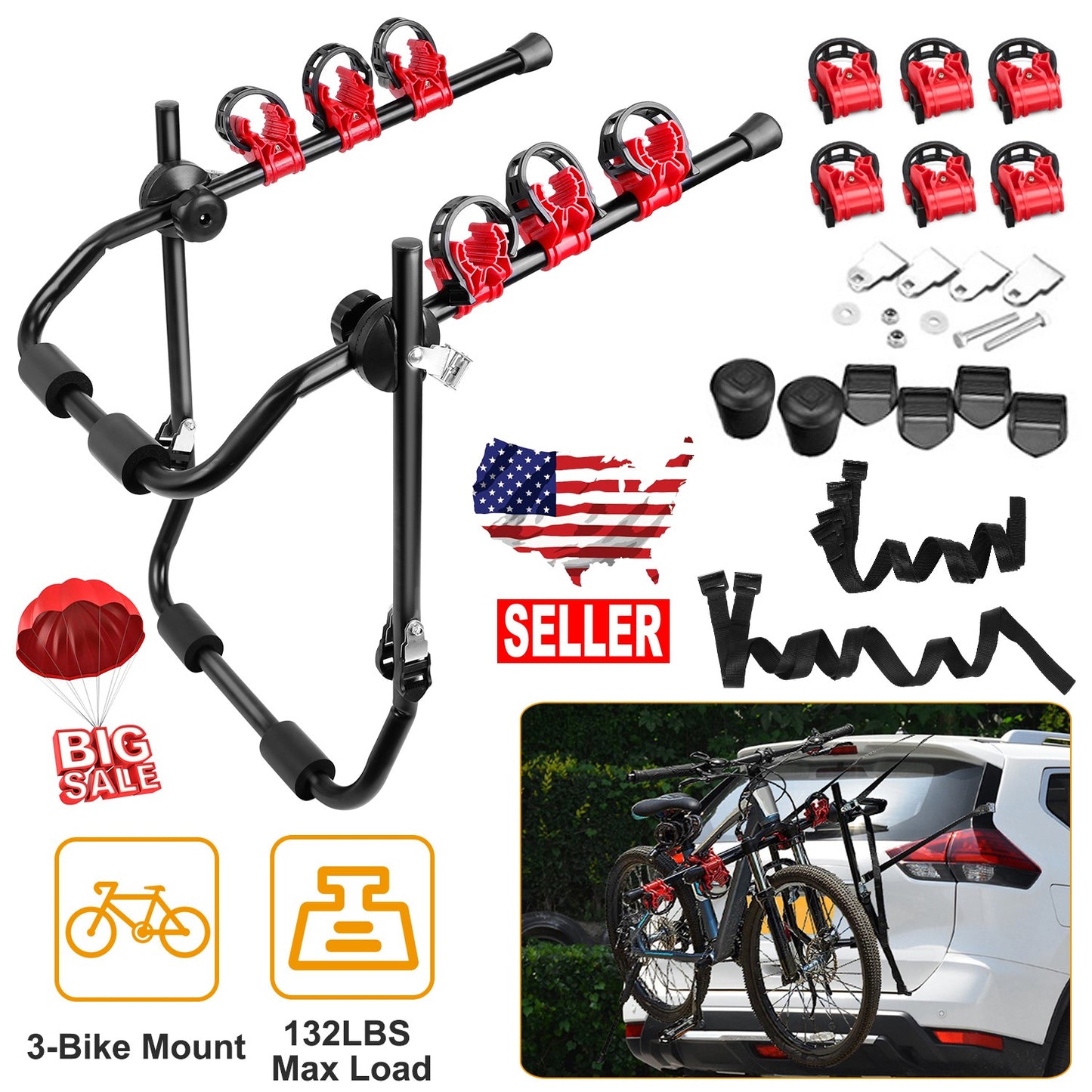 3-Bike Trunk Mount Rack - 132 LBS Capacity