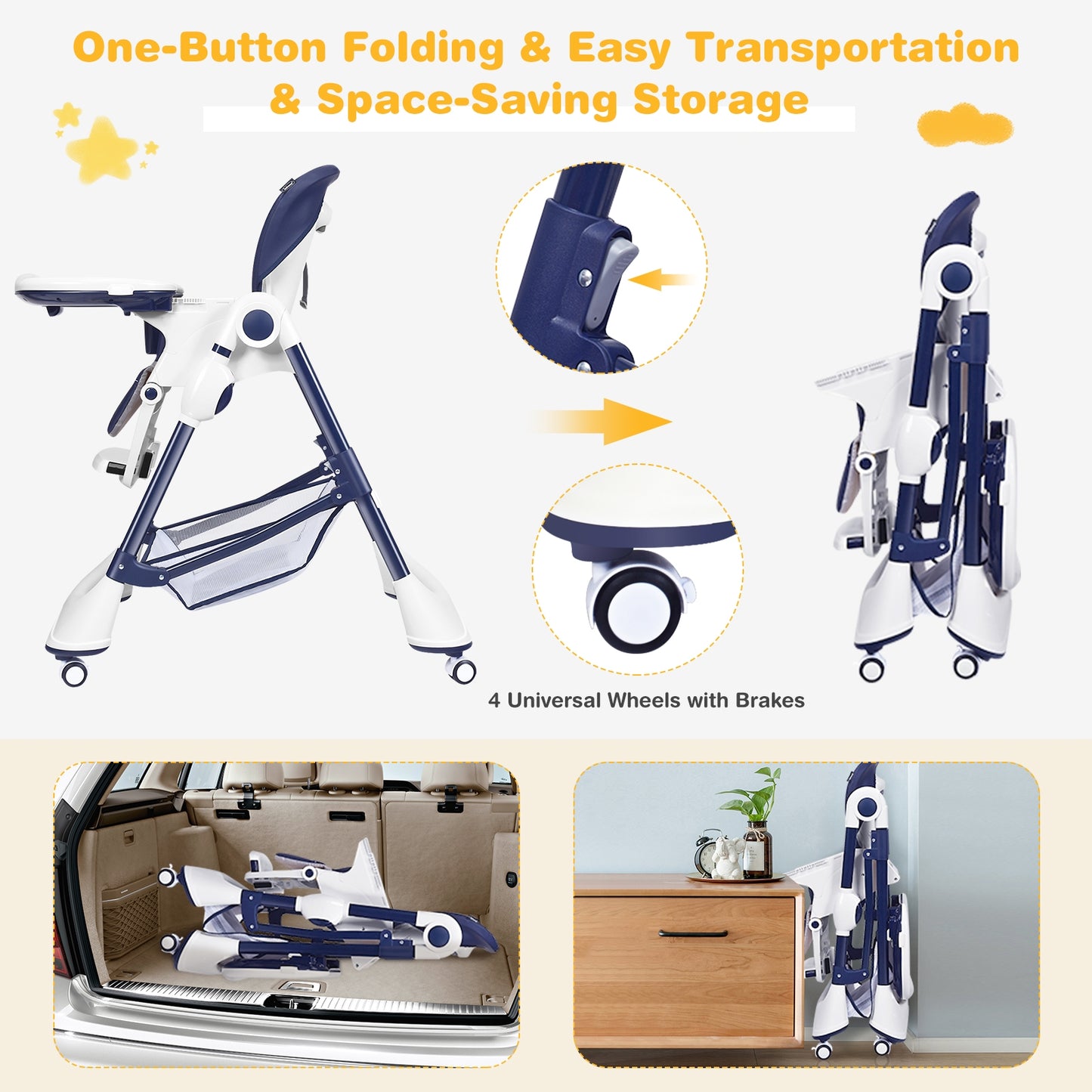 Foldable High Chair with 4 Lockable Wheels and 5-Point Harness