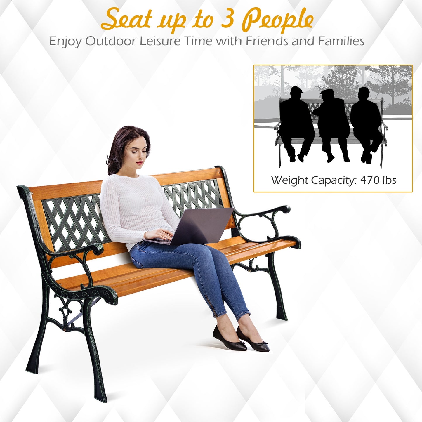 Cast Iron Patio Bench with Wood Seat - 463 lb Capacity