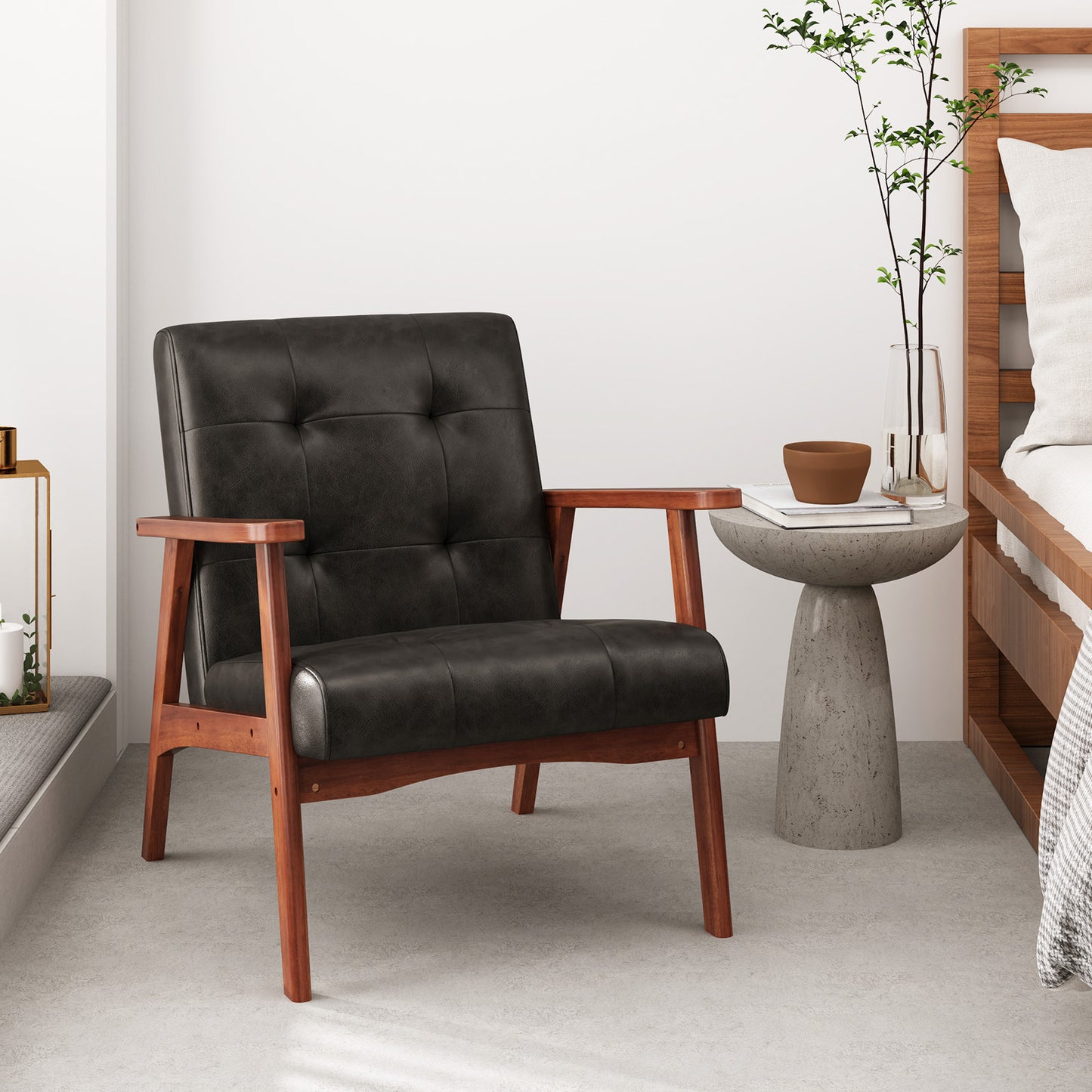 Mid Century Accent Chair with Tufted Leather Upholstery