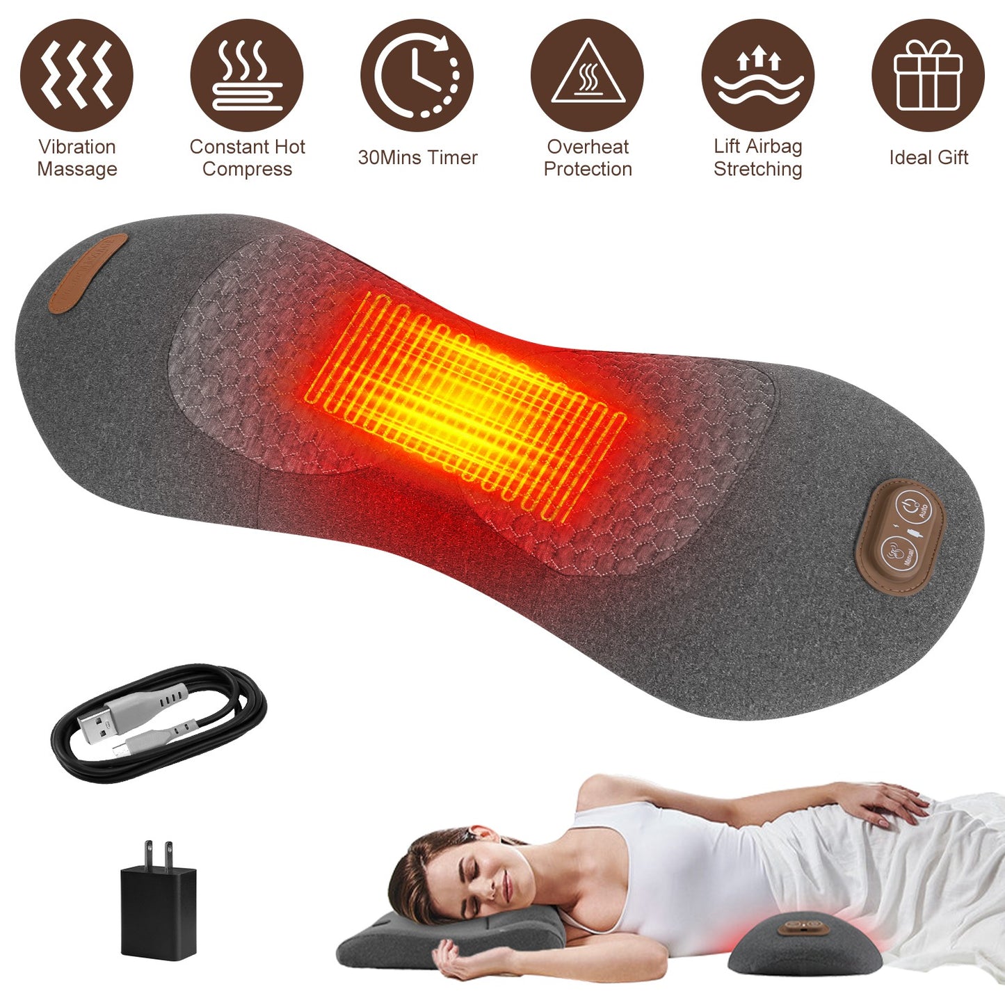 Electric Lumbar Massager Pillow with Heat & Vibration