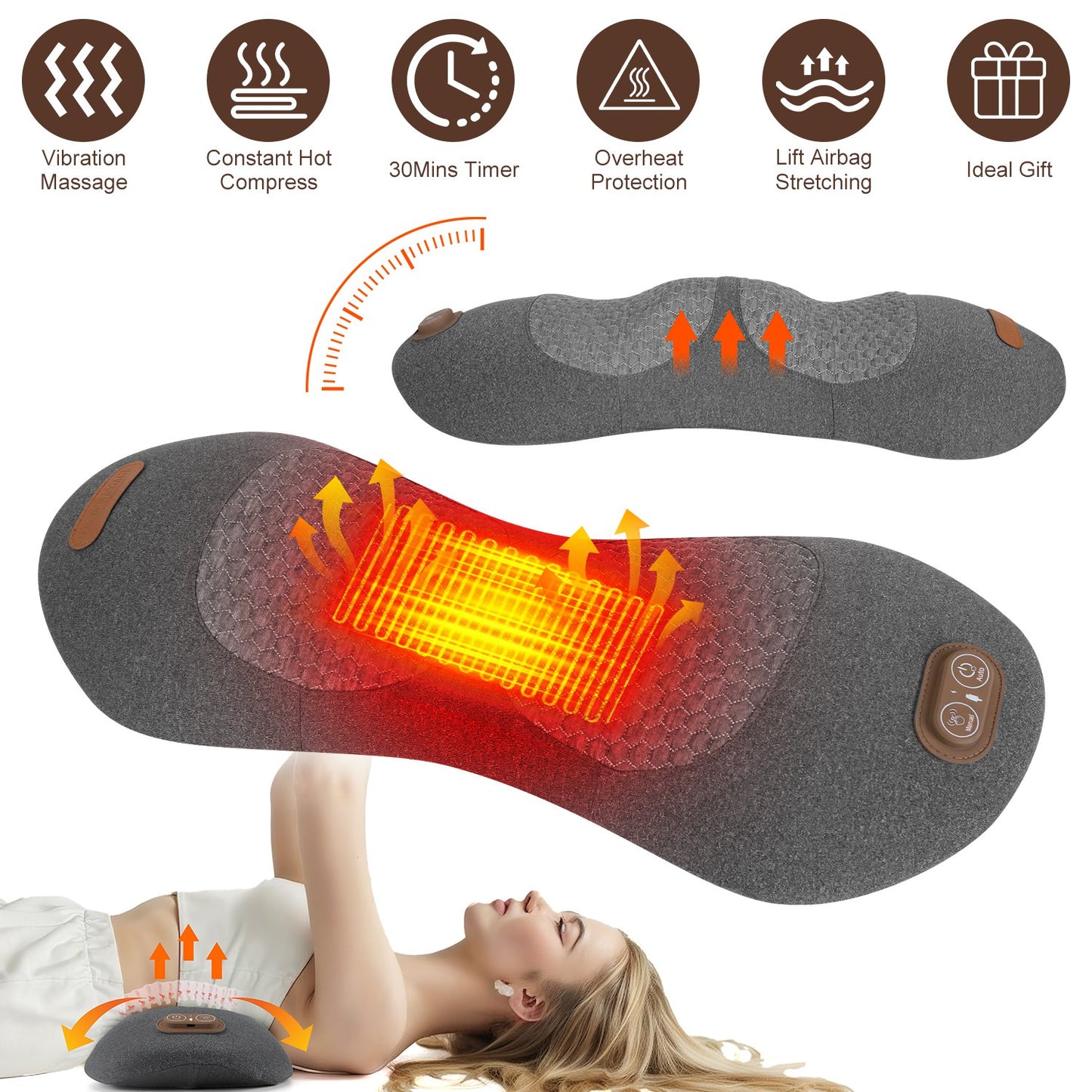 Electric Lumbar Massager Pillow with Heat & Vibration