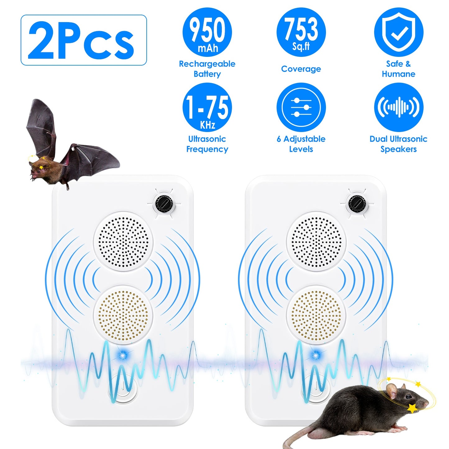 Ultrasonic Bat Repellent 2-Pack Rechargeable Indoor Outdoor