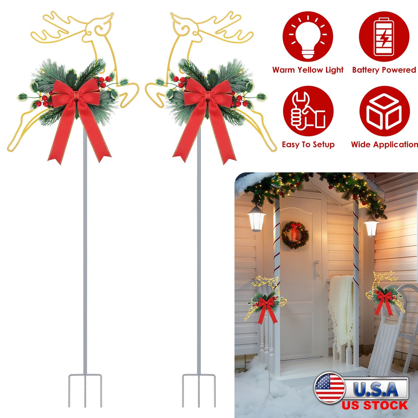 Christmas Reindeer Pathway Stake Lights with LED String (2-Pack)