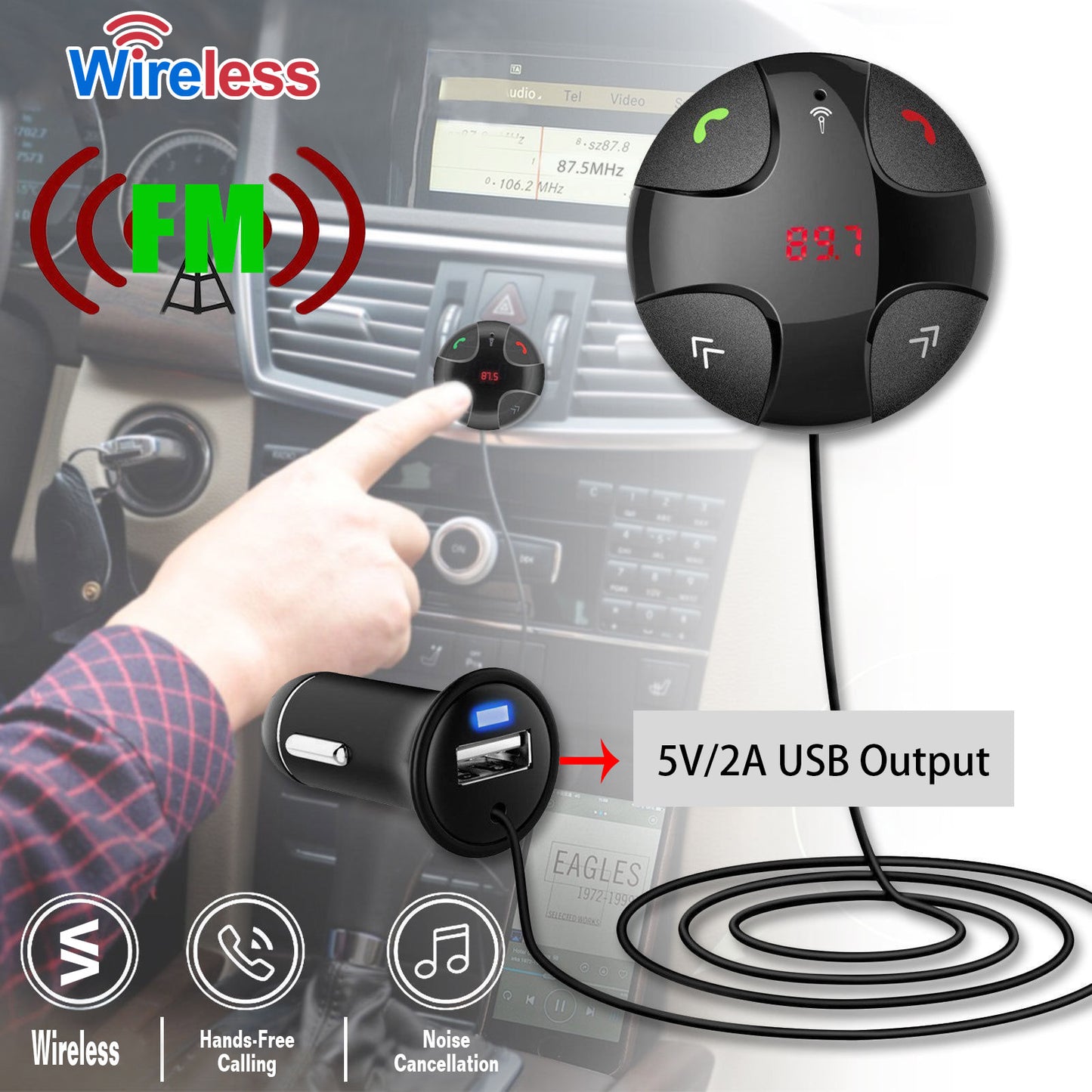 Wireless FM Transmitter with Hands-Free Calling & USB Charging