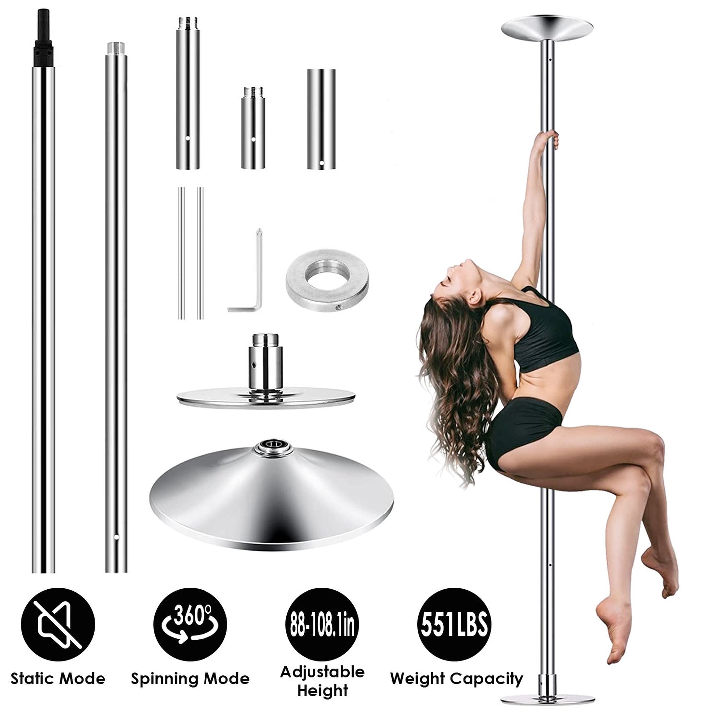 Dance Pole 45mm Spinning & Static Adjustable 88-108in