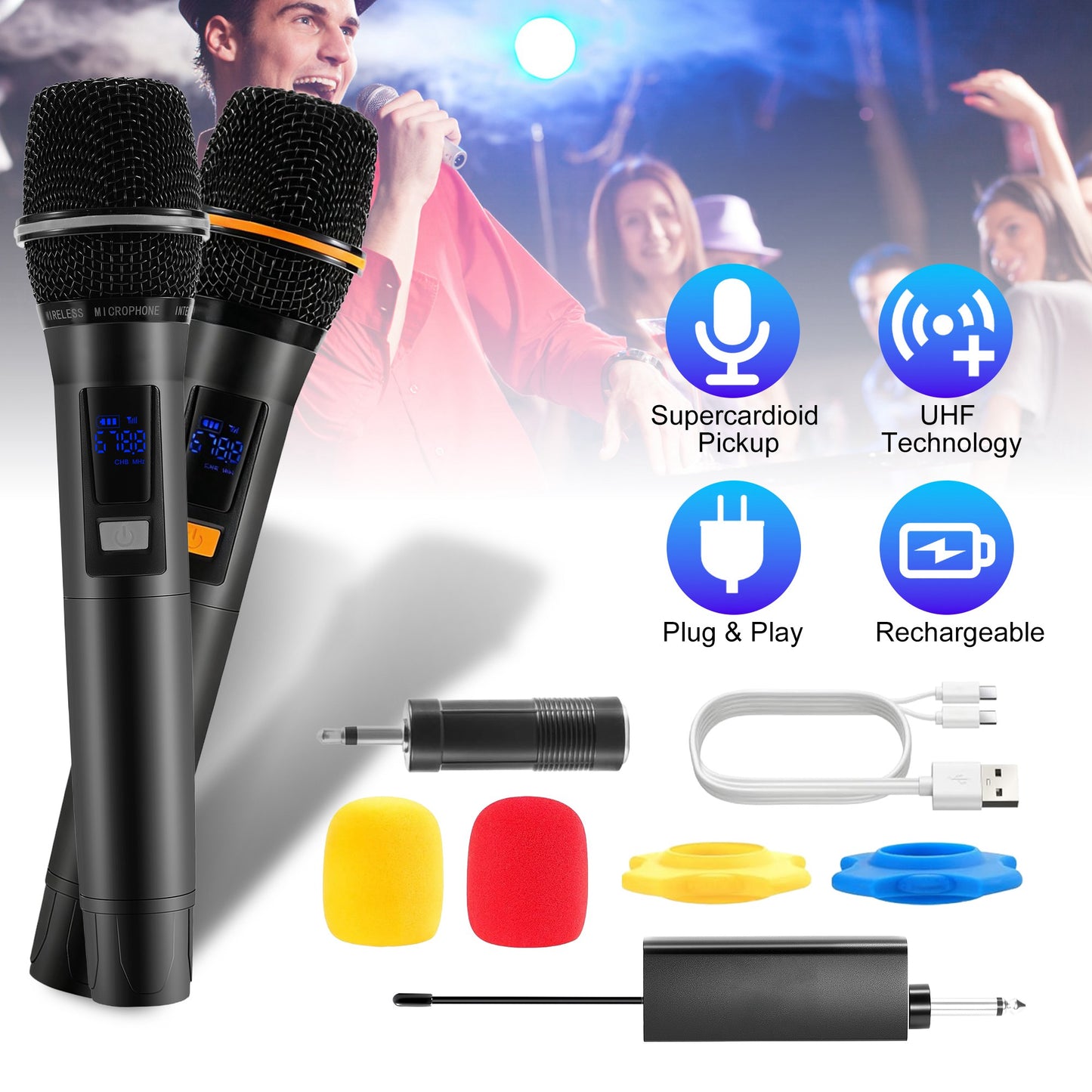 UHF Wireless Microphone System with 262ft Range & Rechargeable Mics