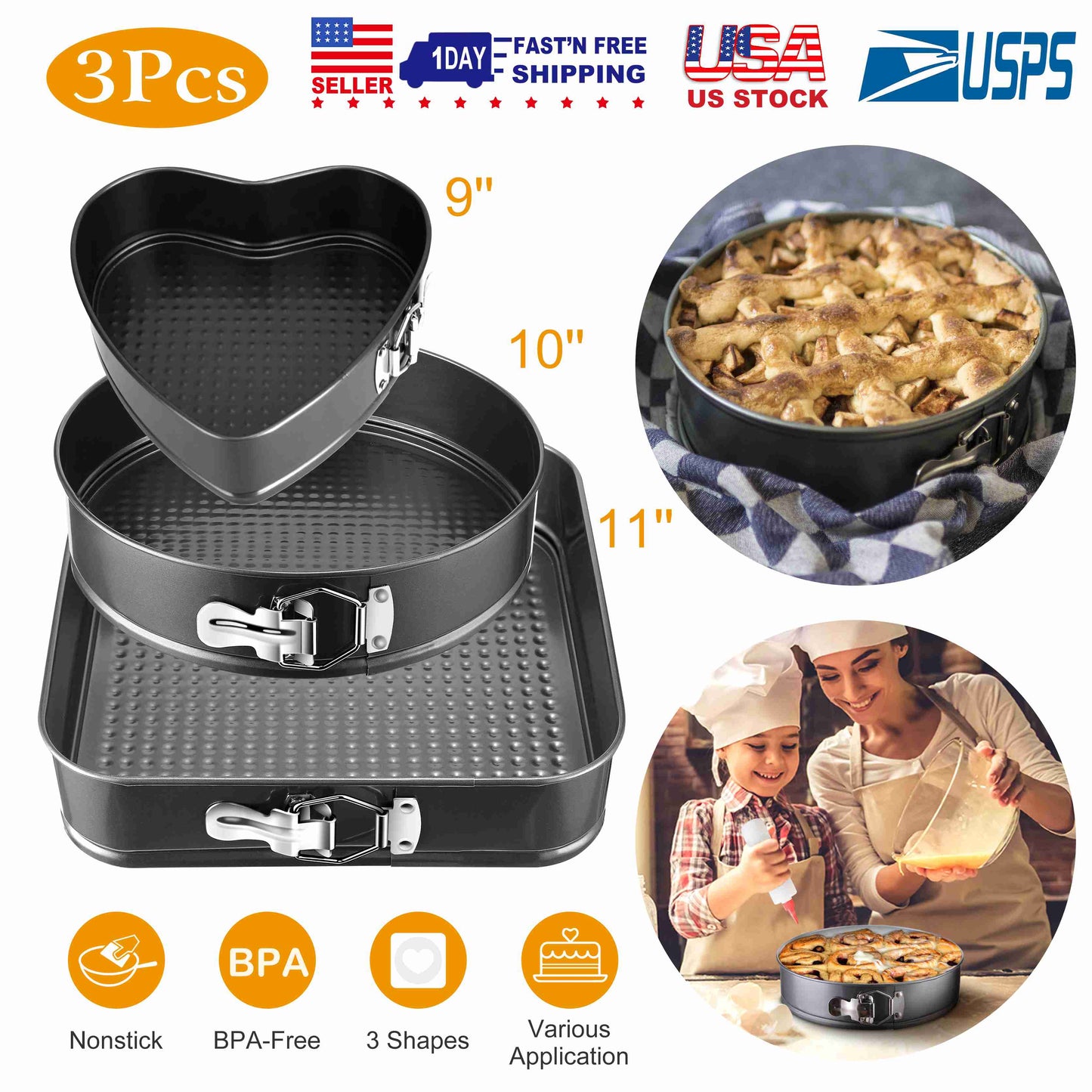 Springform Cake Pan Set 3-Piece Non-Stick with Removable Bottom