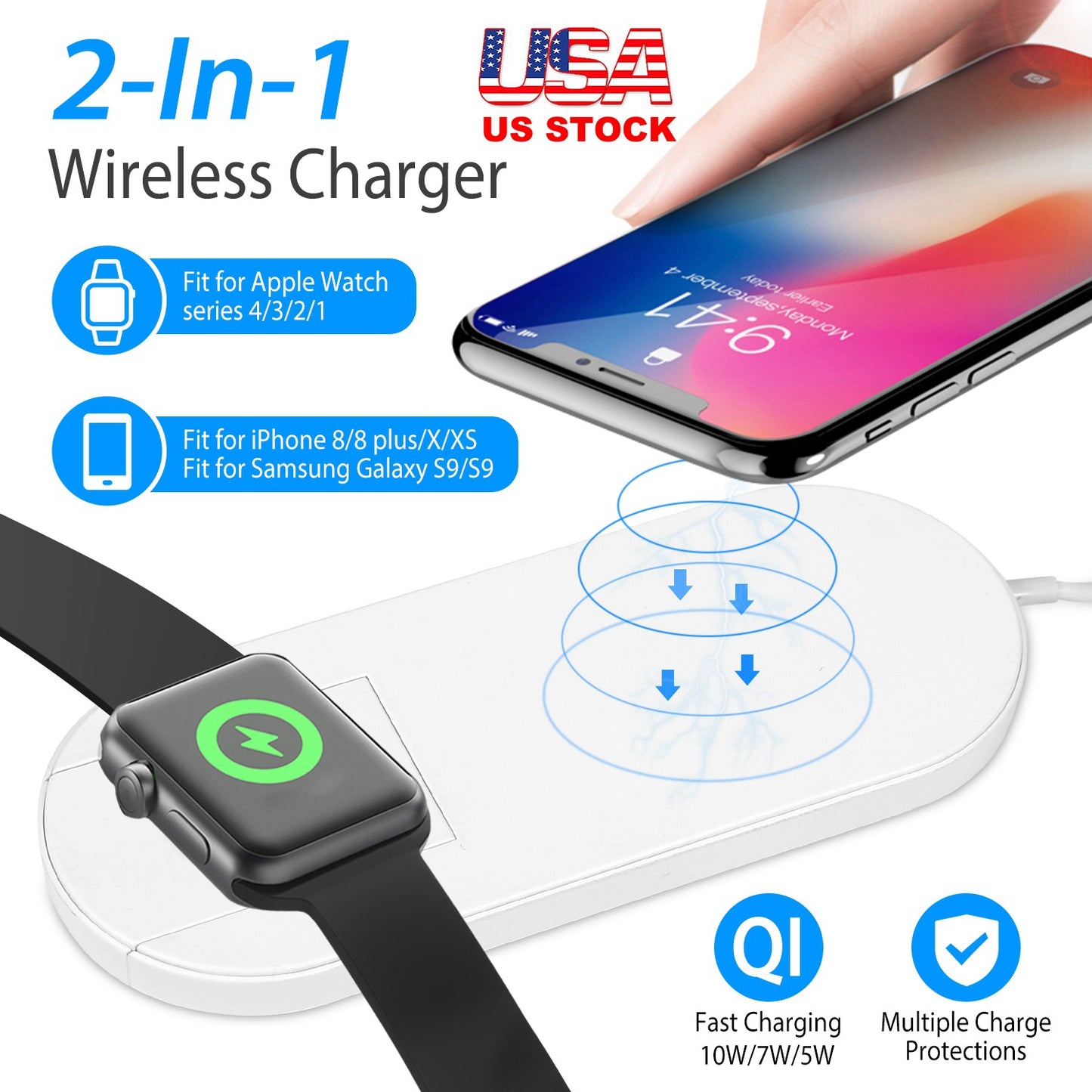 2-in-1 Wireless Charger for iPhone & Apple Watch - 10W Qi Pad