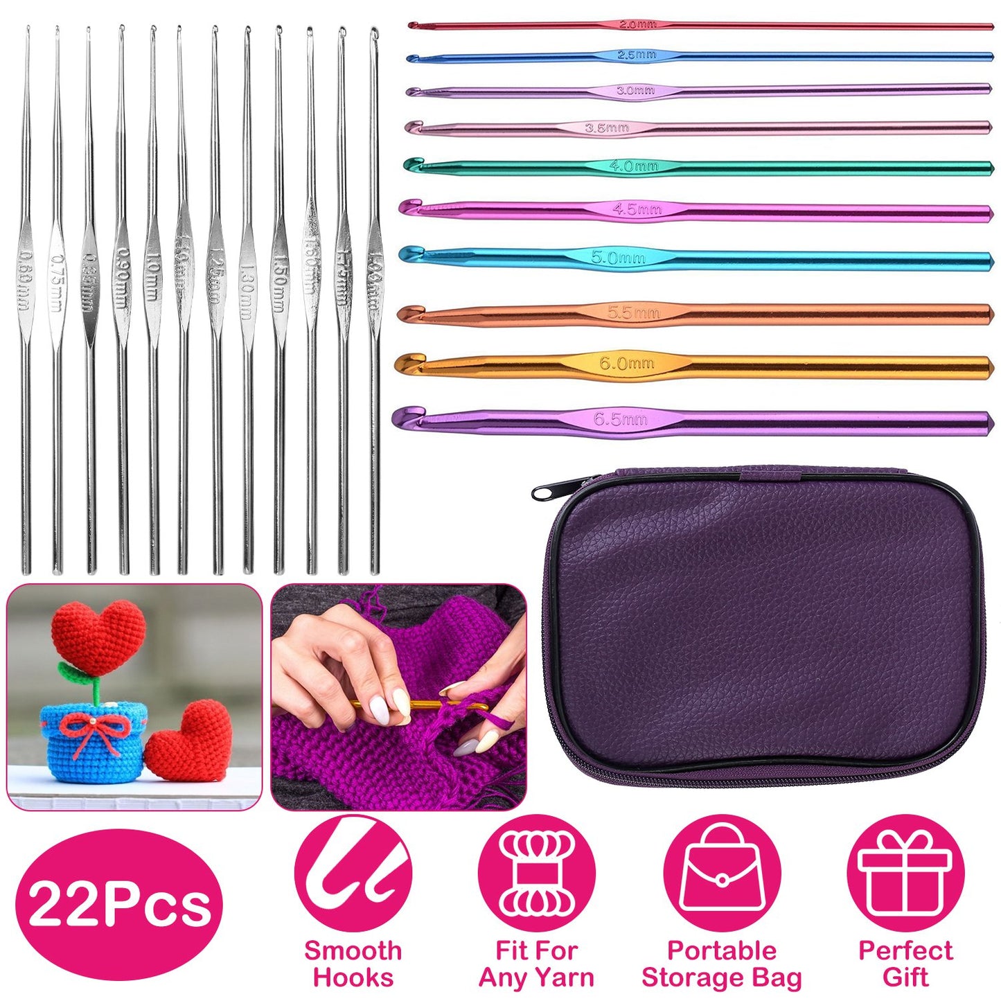 Crochet Hook Set 22-Piece with Aluminum Handles & Case