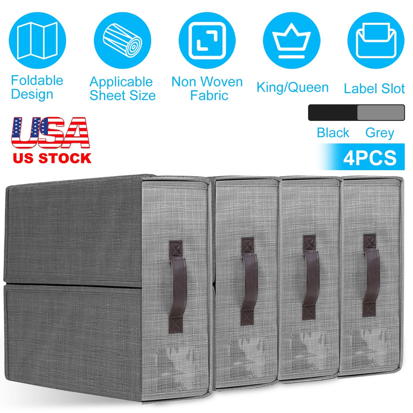 Bed Sheet Storage Organizers Set of 4 with Handles & Labels