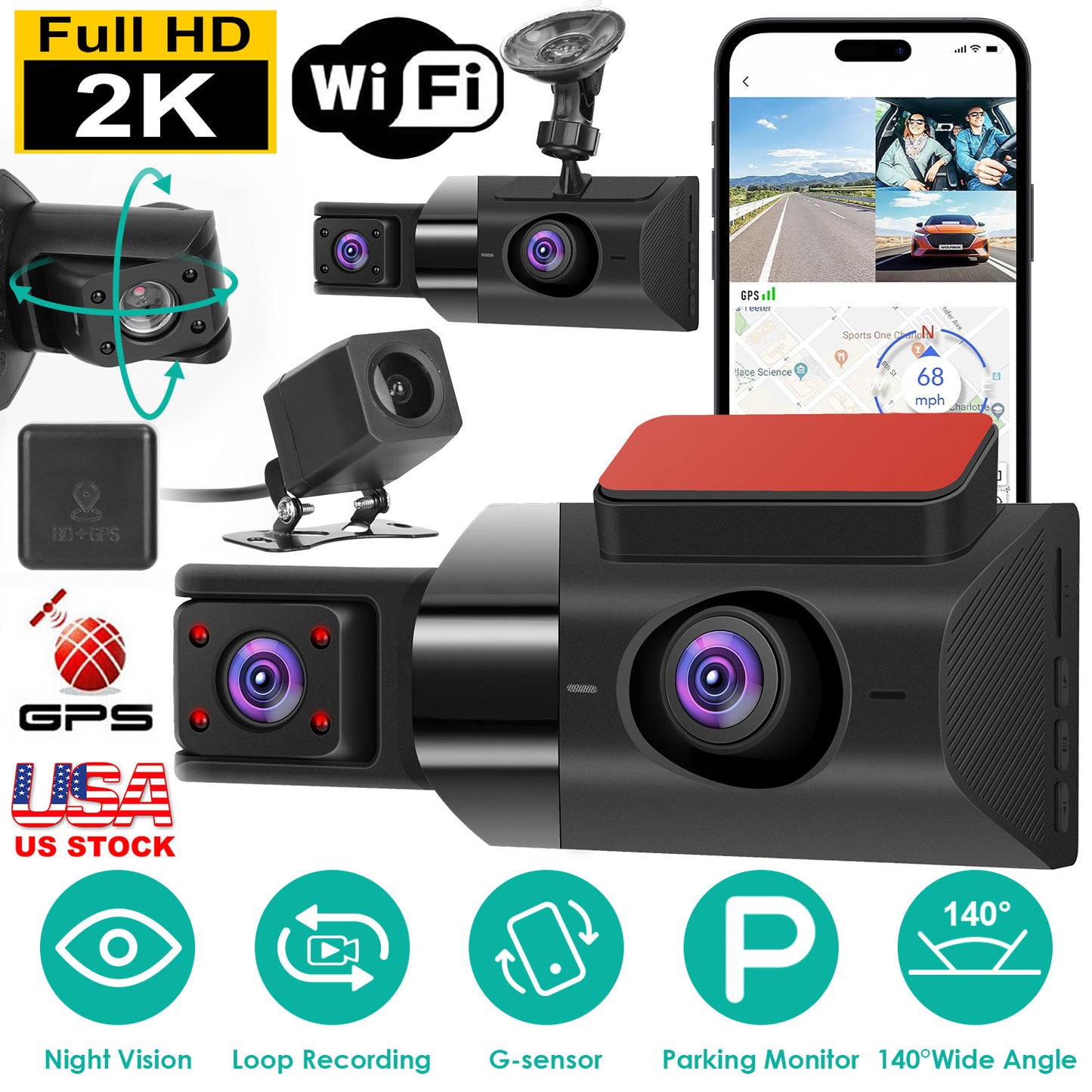 2K Dash Cam with 3 Channels, GPS, WiFi & Night Vision