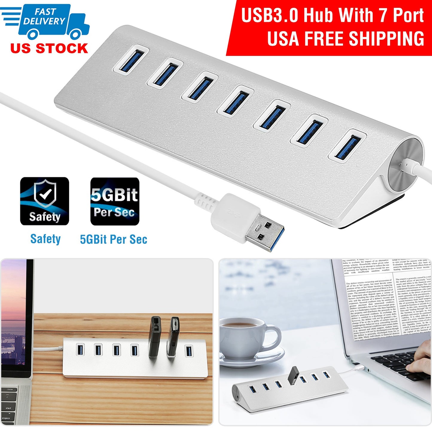 7-Port USB 3.0 Hub with Aluminum Body and 1ft Cable