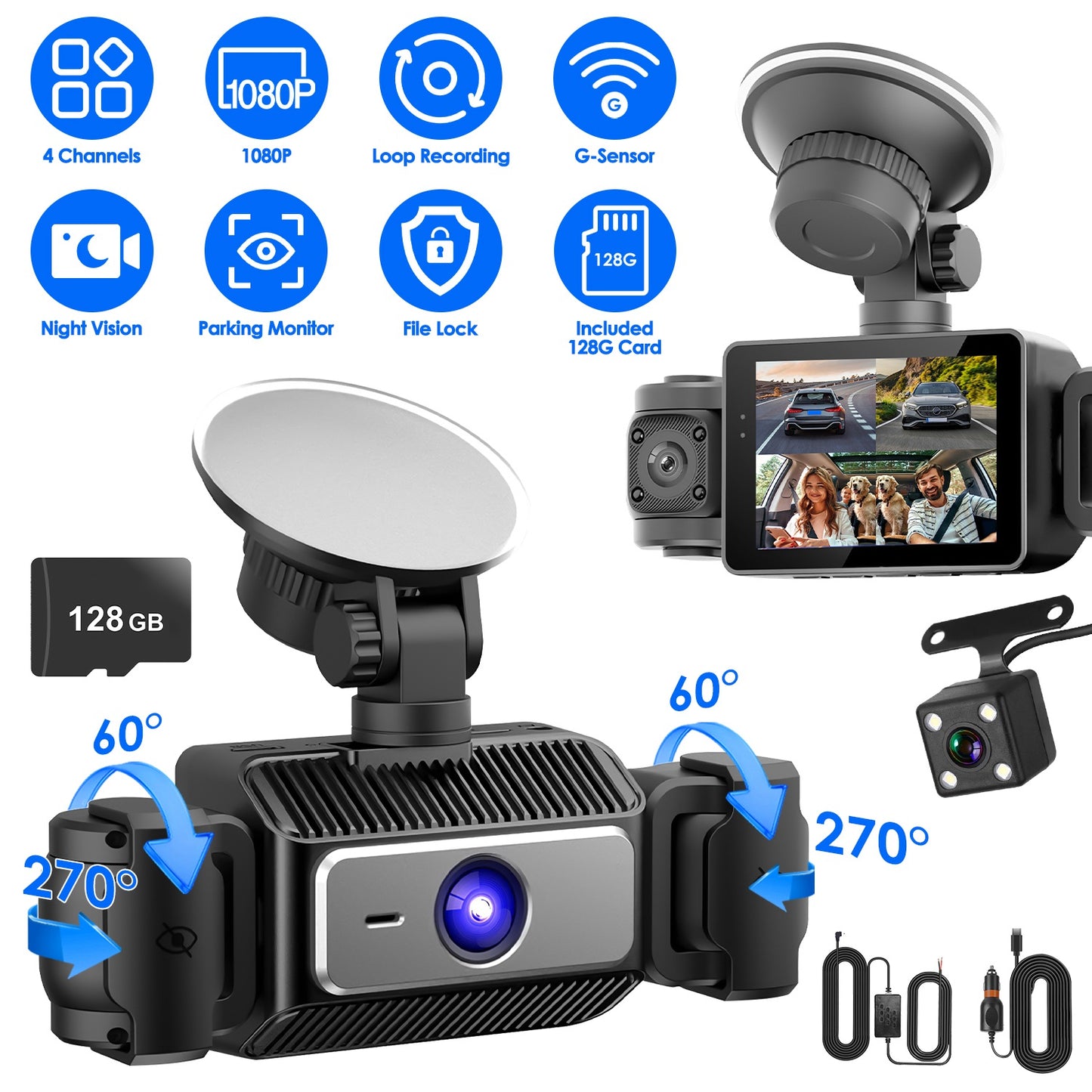 4 Channel Dash Cam with 360° Coverage & 128GB Card