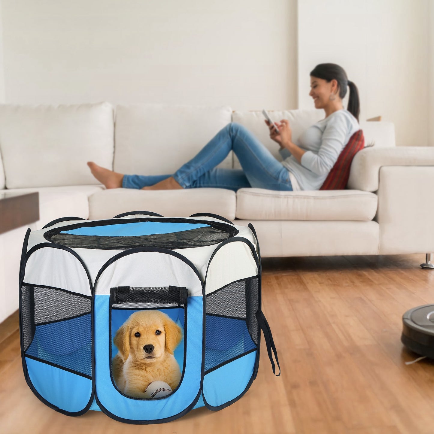 Foldable Pet Playpen with Mesh Panels and Zipper Top
