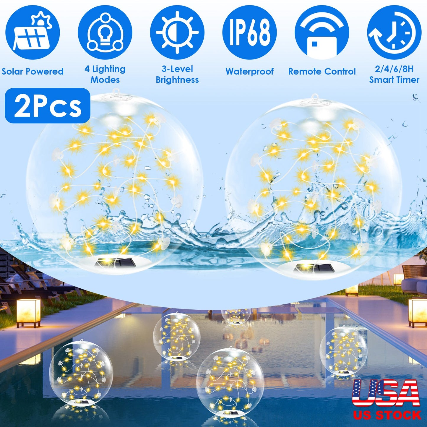 Solar Floating Pool Lights 14in with Remote Control (2-Pack)